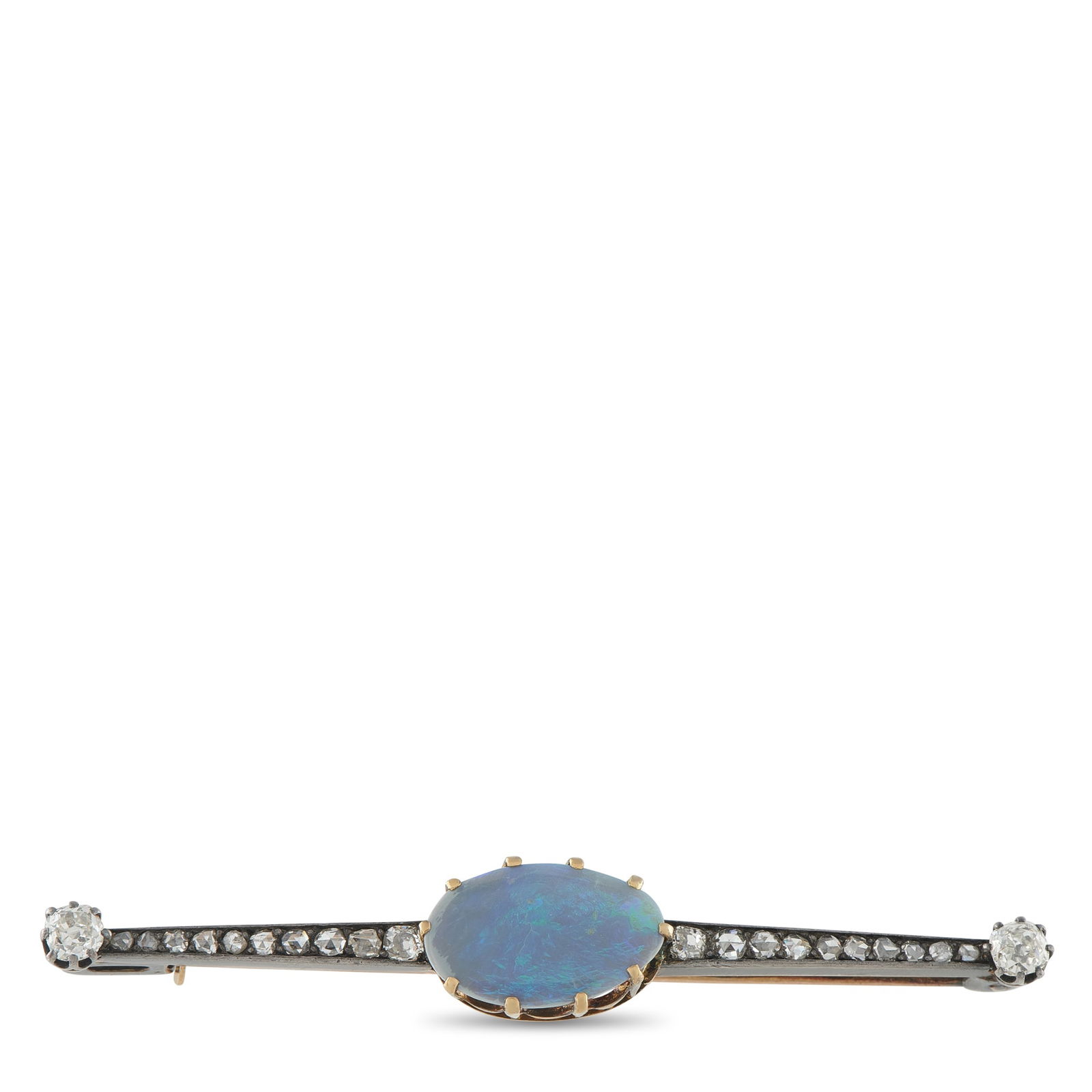 Antique 18K White Gold 0.80ct Diamond and Opal French Brooch: A sleek, sophisticated design makes this antique French brooch incredibly impressive. The 3.0 carat blue Moonstone at the center is instantly captivating, while Diamond accents totaling 0.80 carats