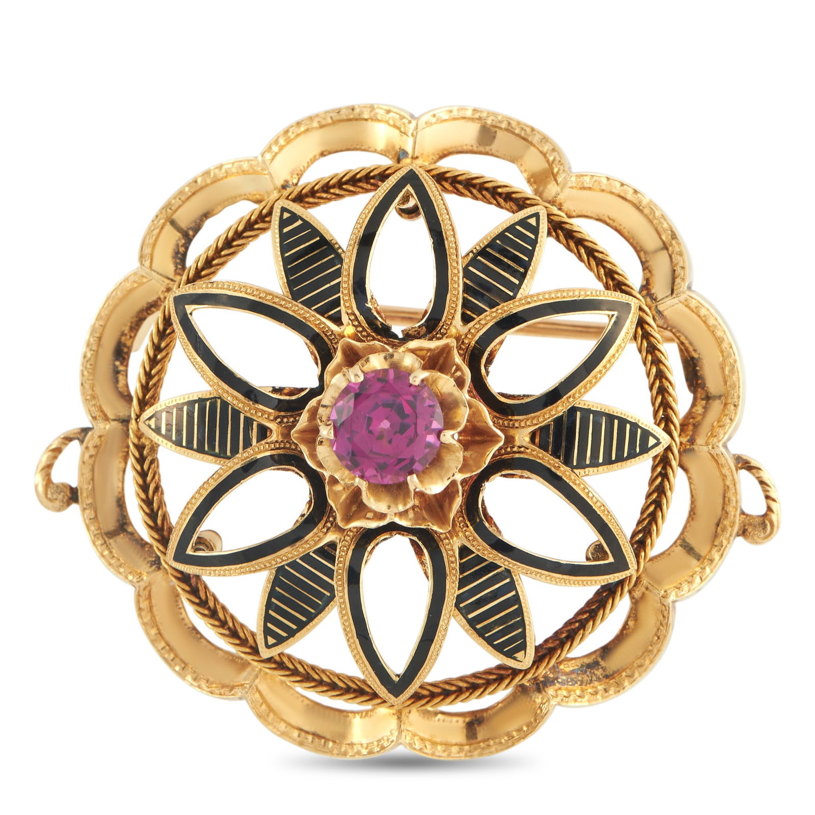 18K Rose Gold Grape Garnet French Wreath Brooch: This 18k rose gold French brooch takes the form of a wreath, layering metalwork to create its botanical motif. At its center is a grape garnet, a variety prized for its intense wine-colored hue that