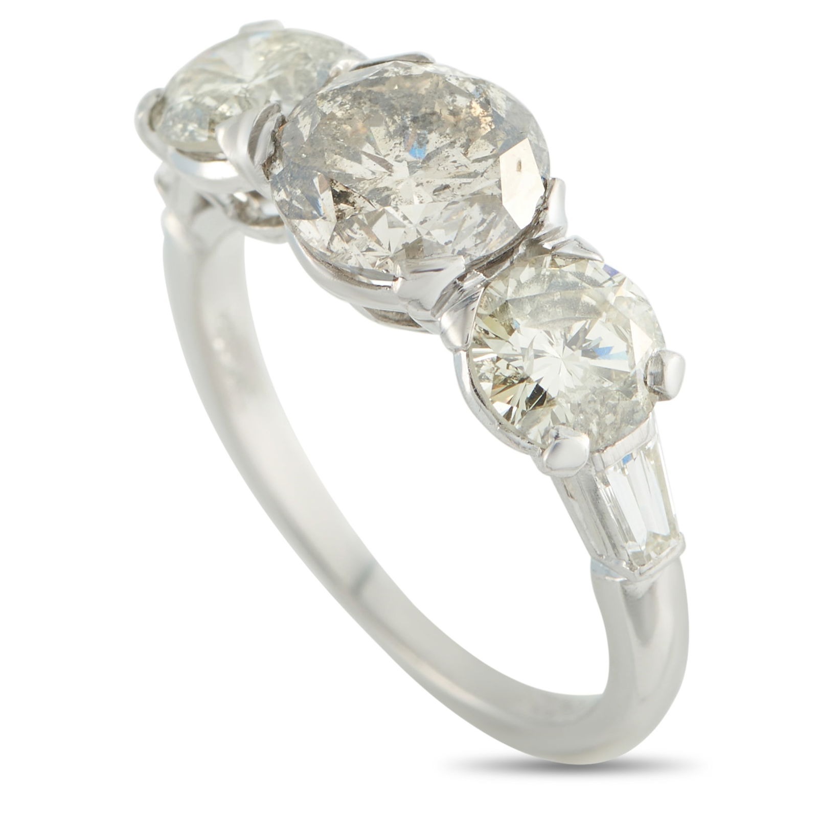 Platinum 4.11ct Diamond Ring: A classically elegant design ensures that this luxury ring will continually impress. A 2.36 carat Diamond makes a statement at the center, while additional Diamonds with a total weight of 1.75 carats
