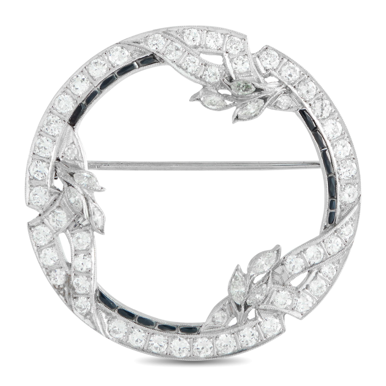 Art Deco Platinum 1.70ct Diamond and Sapphire Brooch: With an intricate Platinum setting and a stunning openwork design, this circular Art Deco brooch exudes timeless elegance. Diamonds with a total weight of 1.70 carats allow it to sparkle and shine