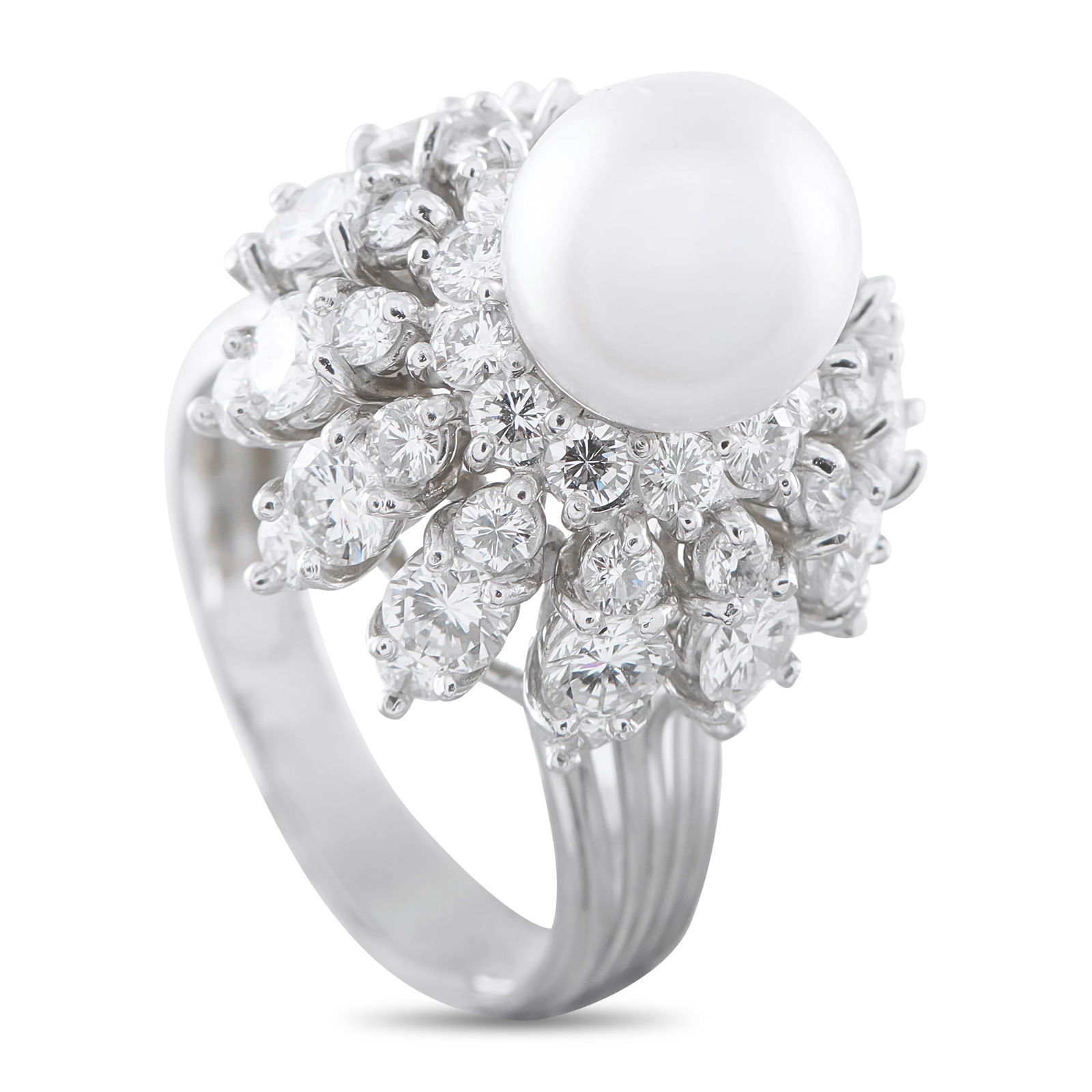 Platinum 2.76ct Diamond and Pearl Ring: A 9mm Pearl offers a stunning alternative to a traditional center stone on this impressive luxury ring. Sparkling Diamonds with a total weight of 2.76 carats surround the center stone, further