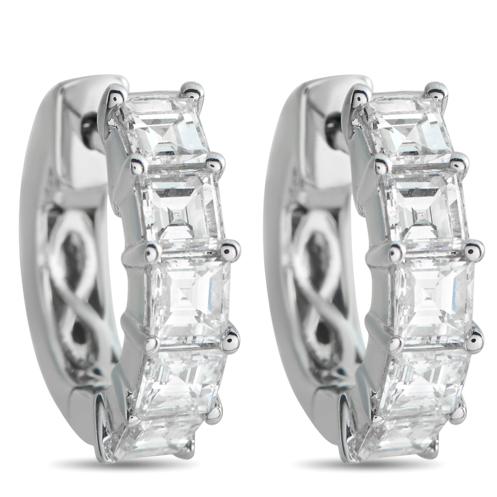 18K White Gold 1.91ct Diamond Huggie Hoop Earrings: In 18K white gold, these huggies carry 1.91 carats of square-cut diamonds set along the forward-facing edge in shared prongs. The diamonds are aligned tightly, forming a corridor of repeating planes