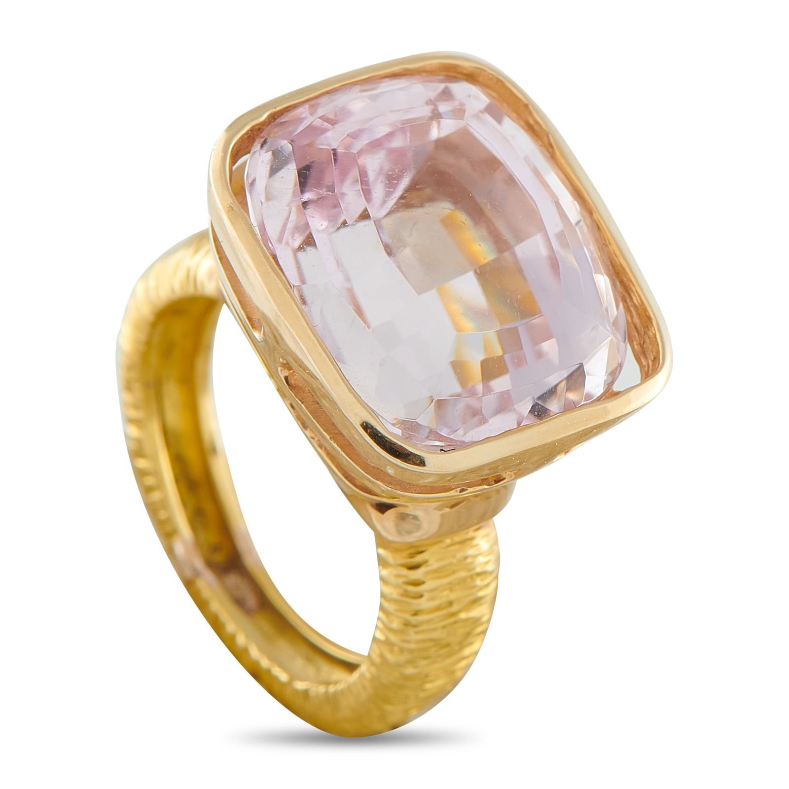 18K Yellow Gold 16.0ct Kunzite Ring: A translucent 16.0 carat Kunzite center stone makes this luxury ring simply breathtaking. Bold and incredibly impressive, the textured 18K Yellow Gold setting ensures it’s elegant from every angle.