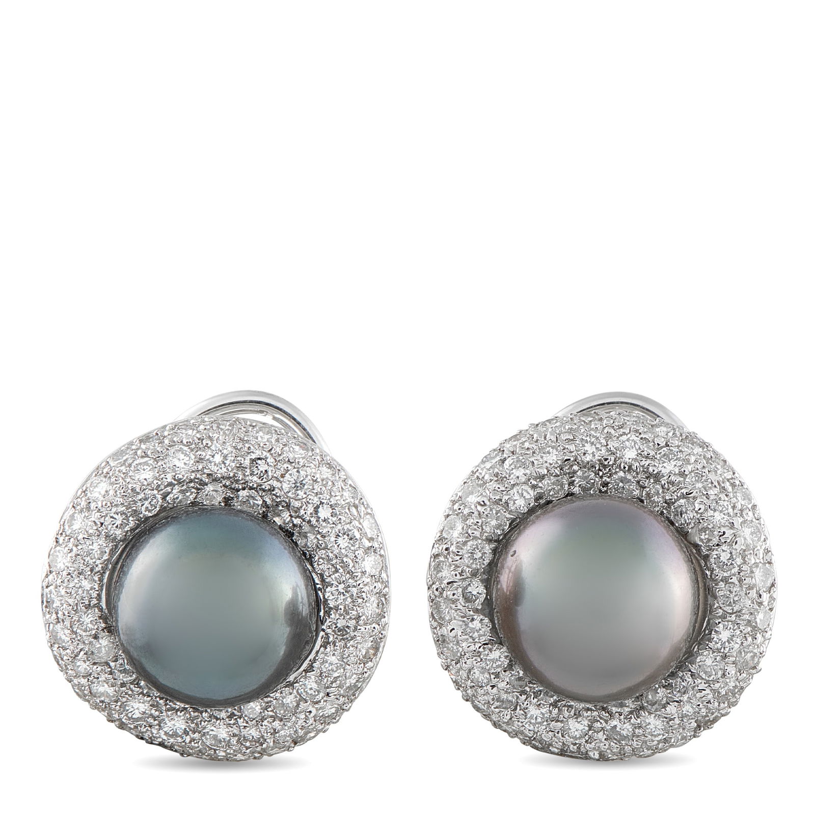 18K White Gold 1.50ct Diamond and Pearl Earrings: Captivating 10.2mm Pearls with a dark hue make these earrings instantly alluring. Surrounded by sparkling Diamonds totaling 1.50 carats, this simple accessory will add depth and elegance to any