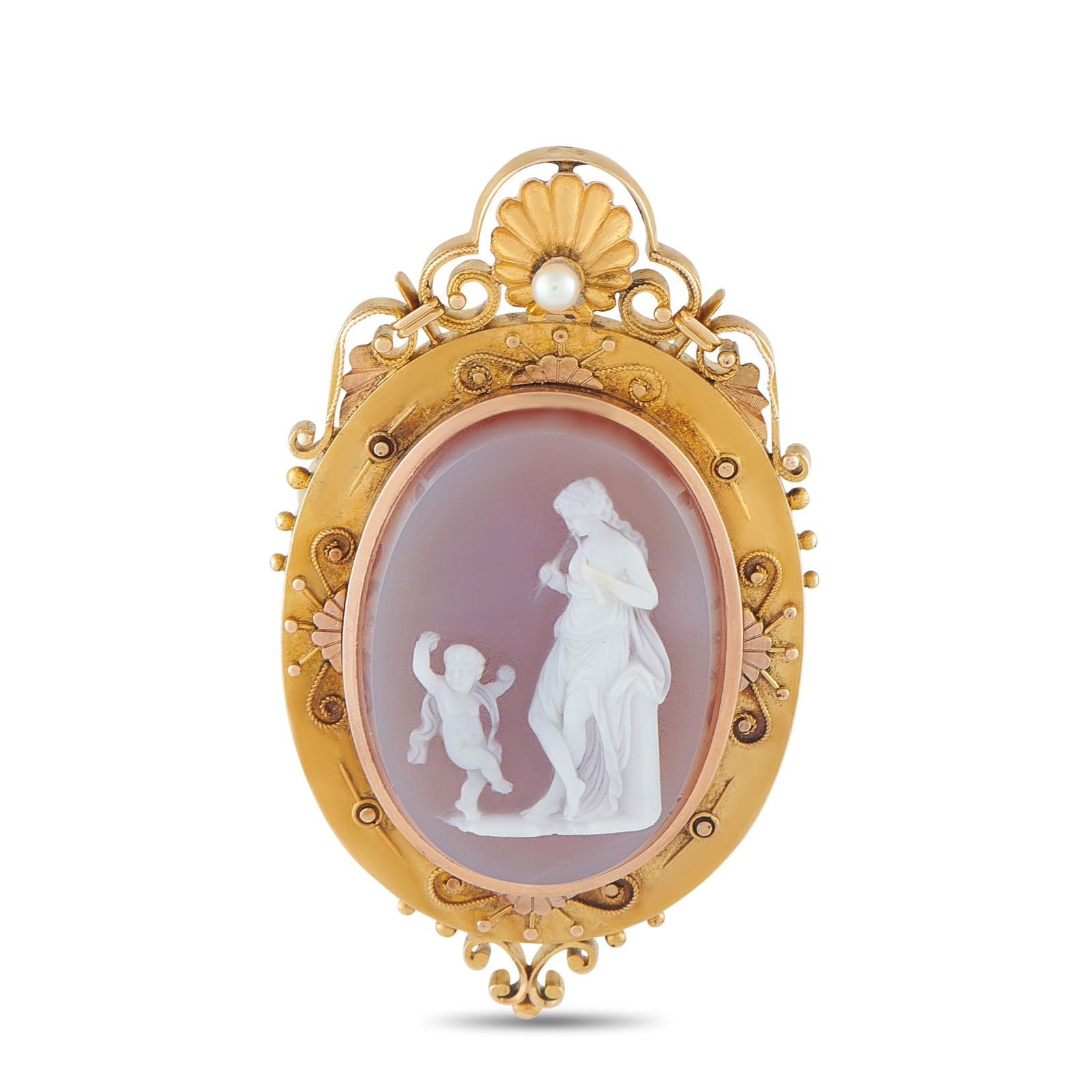 14K Yellow Gold Cameo Locket Pendant: This locket pendant exudes old fashioned elegance. At the center, the classic cameo design depicts a mother and a child against a blush backdrop. Filled with exquisite details, a pearlescent accent