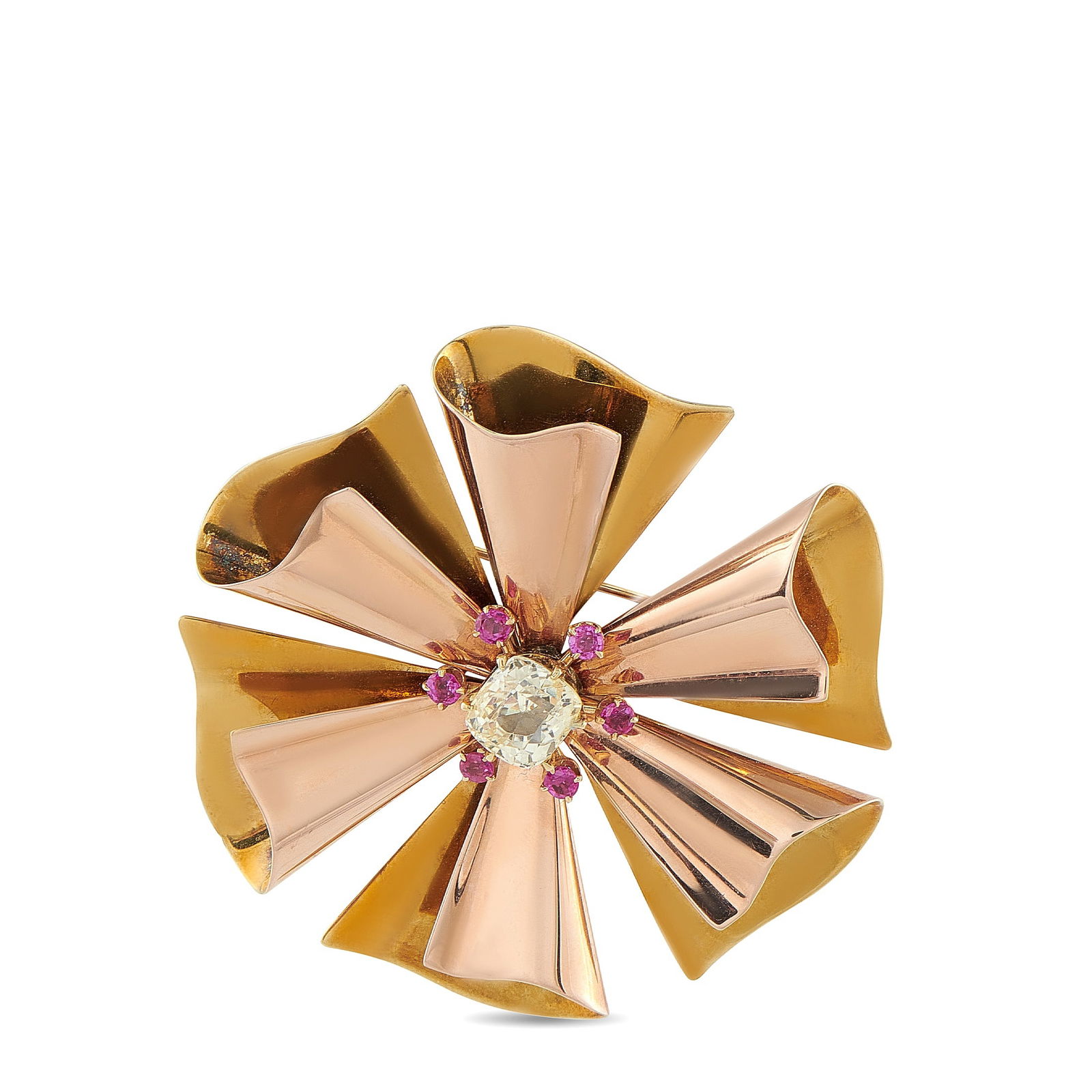 14K Rose and Yellow Gold 3.0ct Yellow Sapphire and Ruby Brooch: A contemporary floral motif makes this luxury brooch simply unforgettable. Crafted from a combination of 14K Rose Gold and 14K Yellow Gold, two-toned metalwork adds depth to the simple, elegant