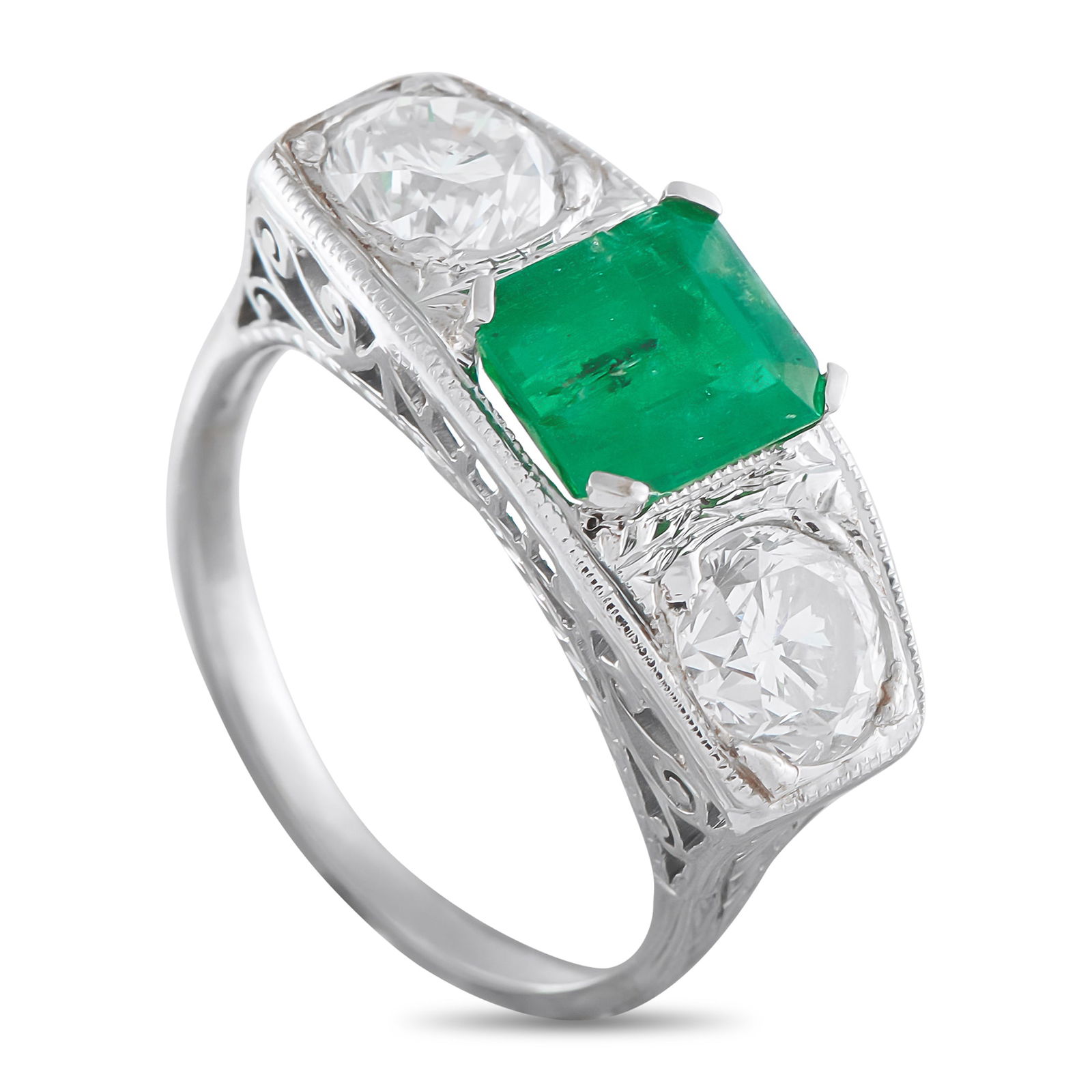 Platinum 1.30ct Diamond and Emerald Ring: This dazzling ring is chic and incredibly sophisticated. A 1.35 carat Emerald center stone adds a vibrant pop of color, while Diamonds totaling 1.30 carats provide the perfect amount of sparkle. Made