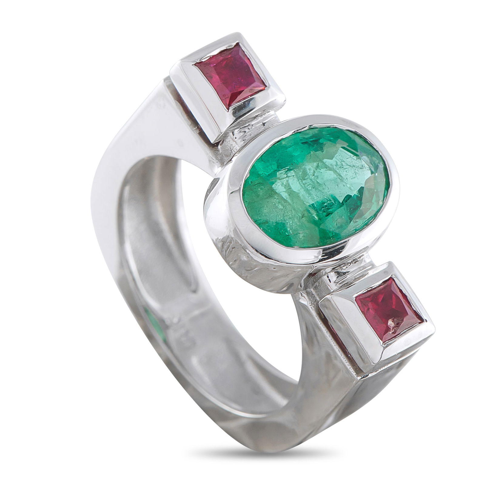 18K White Gold 1.75ct Emerald and Ruby Ring: Made with a sleek 18K White Gold setting, this ring offers understated elegance. The geometric design showcases this piece’s 1.75 carat Emerald center stone. Rubies totaling 0.50 carats add