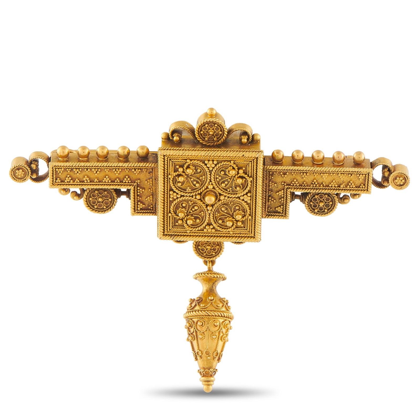 Antique Etruscan Revival 18K Yellow Gold Brooch: Complete with intricate granulation and exquisite textured patterns, this Etruscan Revival Antique brooch is incredibly chic. Crafted from 18K Yellow Gold, this ornamental accessory will instantly