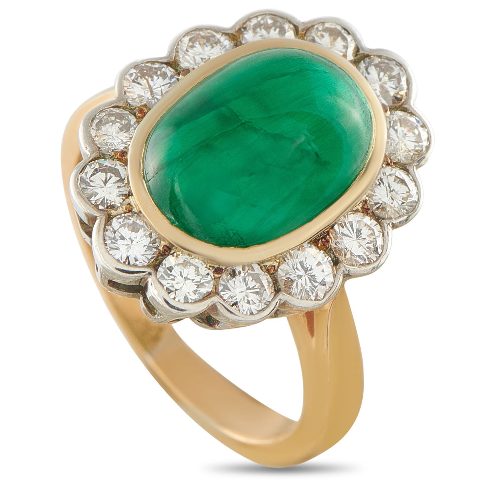 18K Rose and White Gold 1.0ct Diamond and Emerald Cocktail Ring: Two-tone metal meets vivid green in this cocktail ring. Taking centerstage is a 3.15 carat oval emerald sitting within a polished yellow gold bezel, its saturated color set in warm contrast against th
