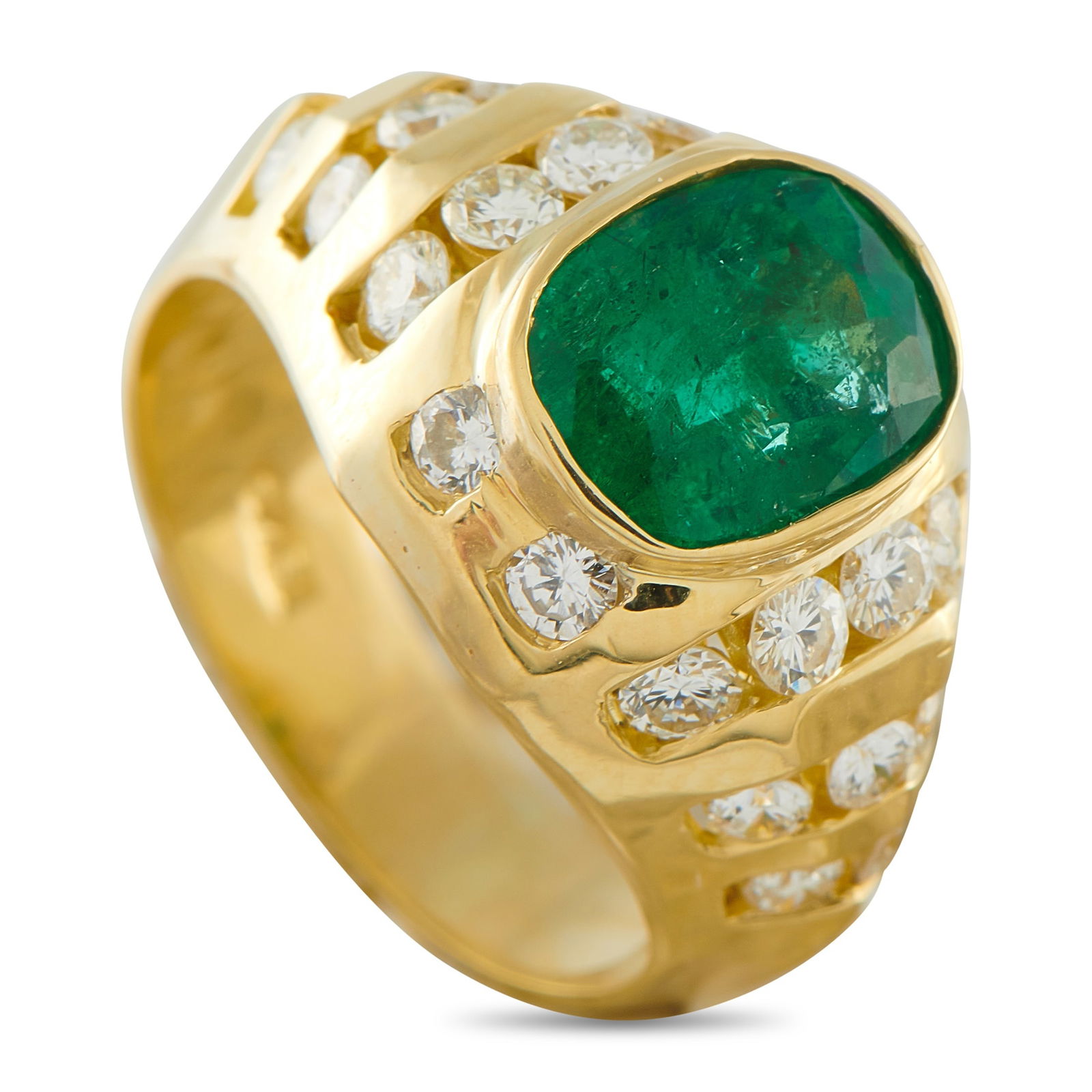 18K Yellow Gold 0.66ct Diamond and Emerald Ring: A 2.02 carat Emerald makes this luxury ring simply unforgettable. Set in 18K Yellow Gold, round-cut Diamonds totaling 0.66 carats allow it to effortlessly catch the light every time it’s worn. It fe