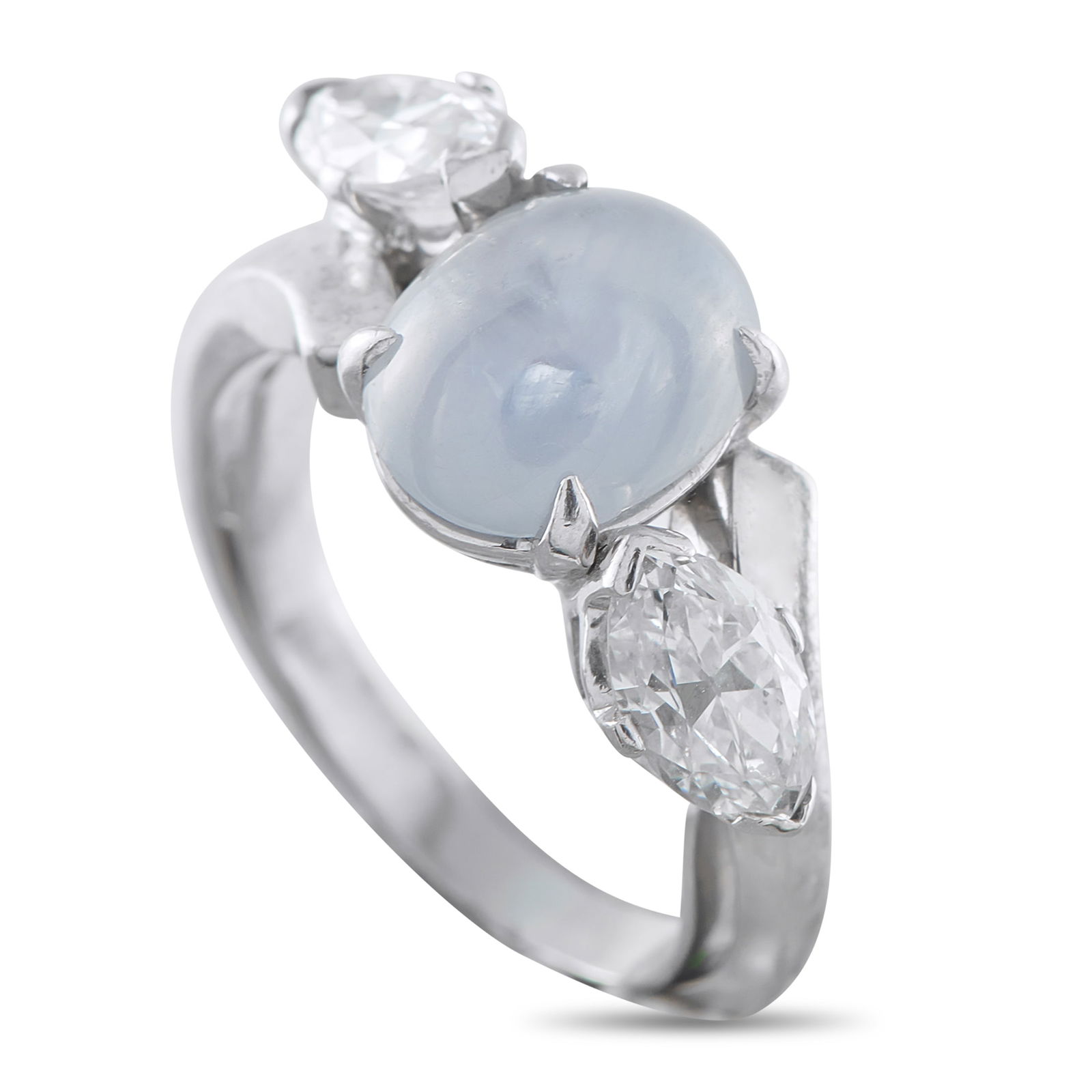 14K White Gold 1.35ct Diamond and Sapphire Ring: A cloudy 4.0 carat Sapphire cabochon makes this luxury ring endlessly captivating. The delicate 14K White Gold setting is also elevated by Diamonds totaling 1.35 carats, which flank the center stone a