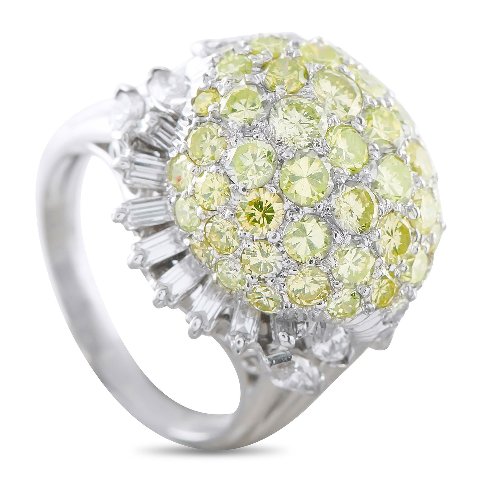 Platinum 4.50ct Diamond Ring: This luxury ring is ideal for any occasion. The dramatic domed setting beautifully showcases a sparkling array of Diamonds, which together possess a total weight of 4.50 carats. Crafted from Platinum,