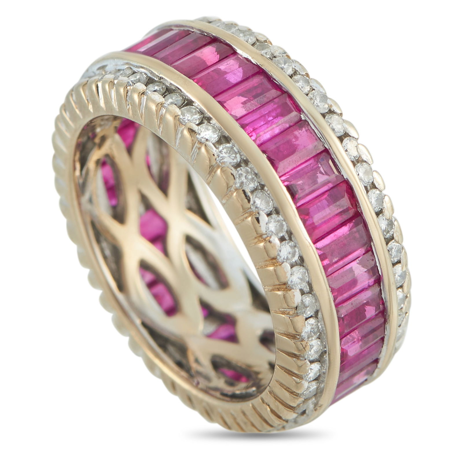 18K Yellow Gold 1.30ct Diamond and Ruby Band: Add style and sophistication to any ensemble with this luxury ring. A series of Ruby gemstones totaling 3.75 carats make a statement at the center of the design. At each edge, sparkling Diamonds
