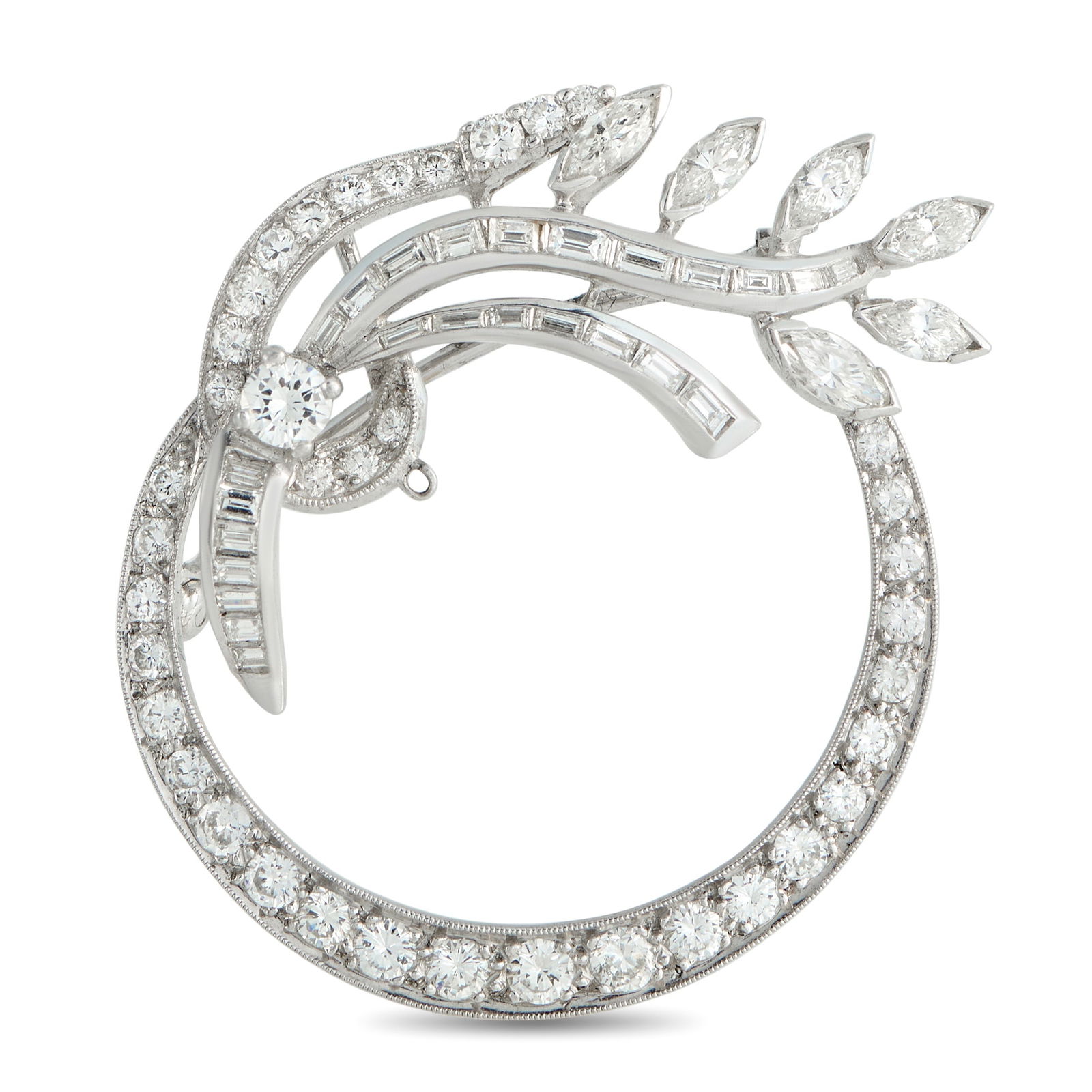 Platinum 3.50ct Diamond Brooch: An intricate design makes this brooch a delicate luxury piece that will continually take your breath away. The circular Platinum setting seemingly radiates light thanks to sparkling Diamonds with a