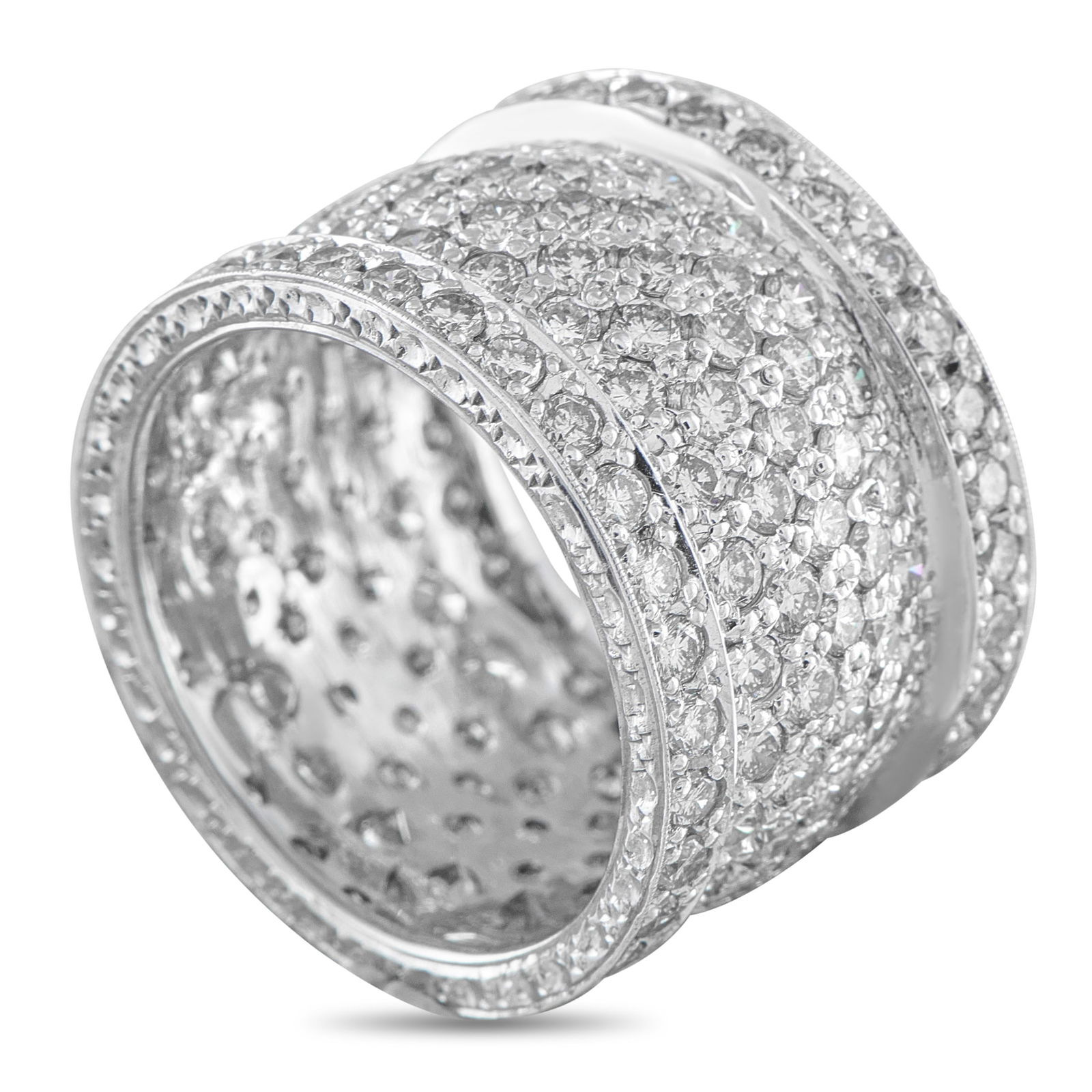 18K White Gold 5.50ct Diamond Ring: Diamonds with a total weight of 5.50 carats make this ring a dazzling addition to any jewelry collection. Bold and incredibly impressive, the simple 18K White Gold setting measures 16mm wide and