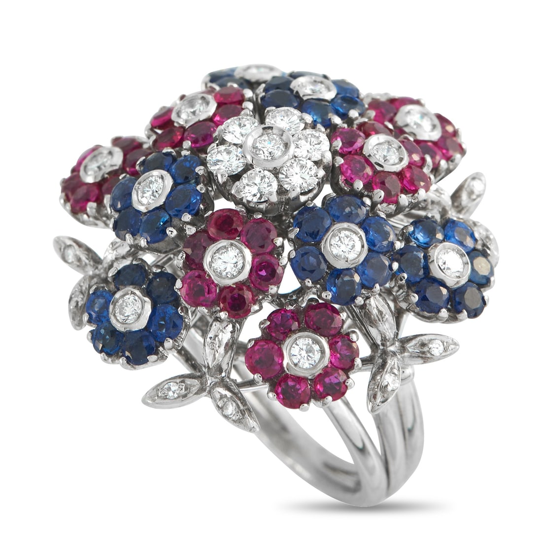 18K White Gold 2.85ct Diamond Ring: This dazzling luxury ring is designed to resemble a vibrant bouquet of flowers. Colorful Diamonds with a total weight of 2.25 carats make it instantly eye-catching, while white Diamonds totaling 0.60