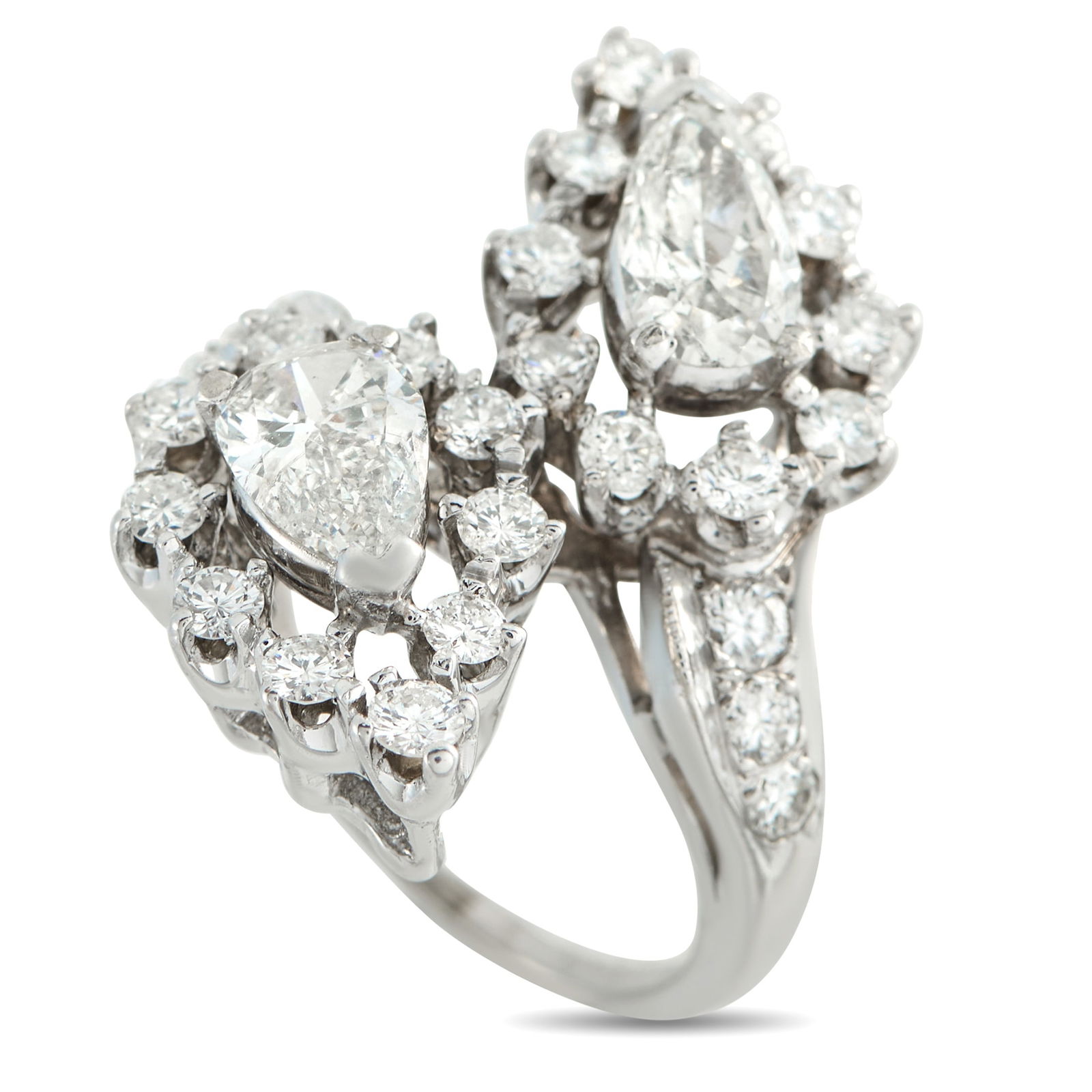18K White Gold 2.64ct Diamond Ring: This two-stone ring is poised to serve as a stunning symbol of your love story. The 0.77 carat and 0.82 carat pear-shaped Diamonds make it simply radiant. Additional Diamonds with a total weight of