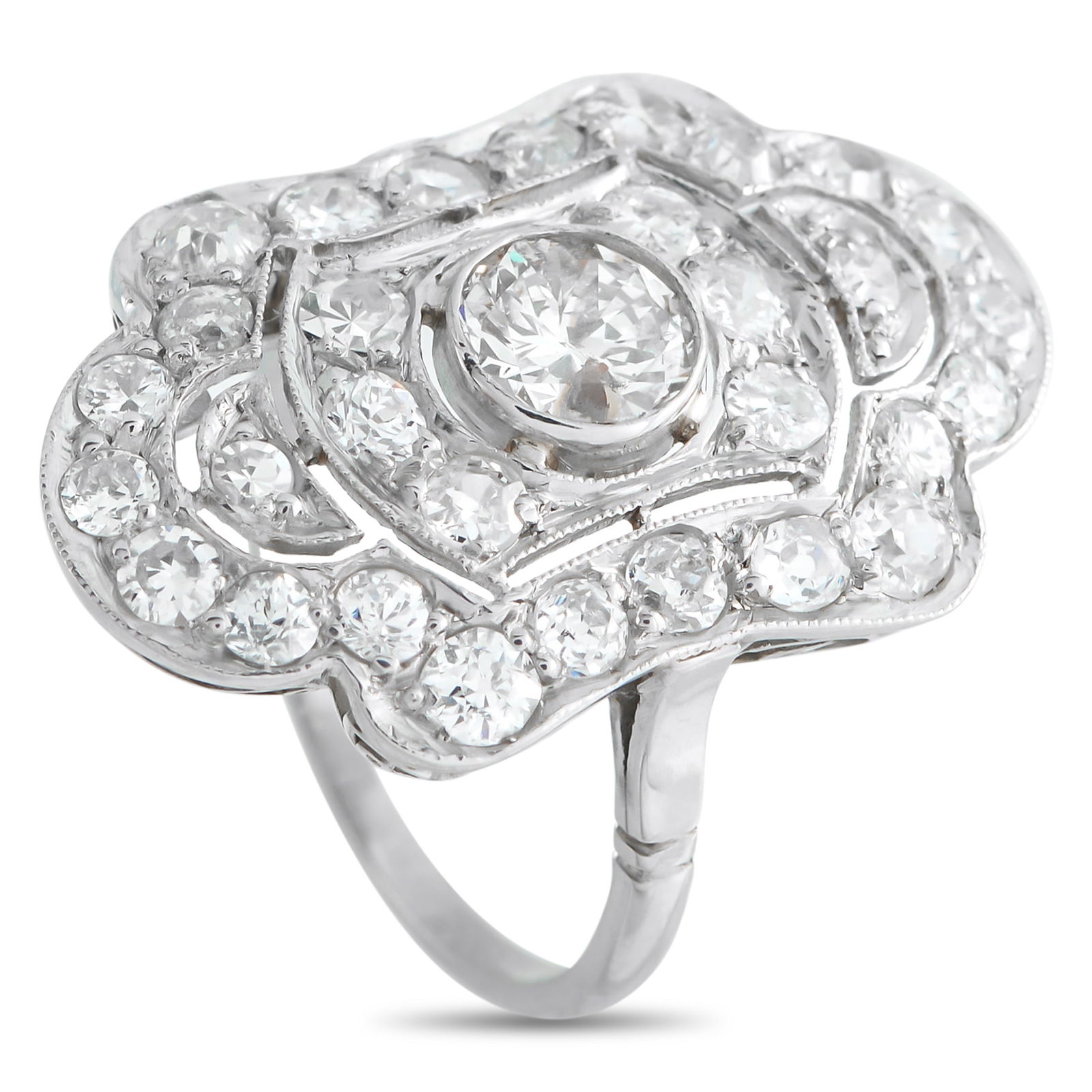Platinum 2.30ct Diamond Ring: This luxury ring exudes Art Deco elegance. Crafted from Platinum, the dynamic design is elevated by a 0.80 carat Diamond center stone and additional Diamonds totaling 1.50 carats. It features a 2mm wi