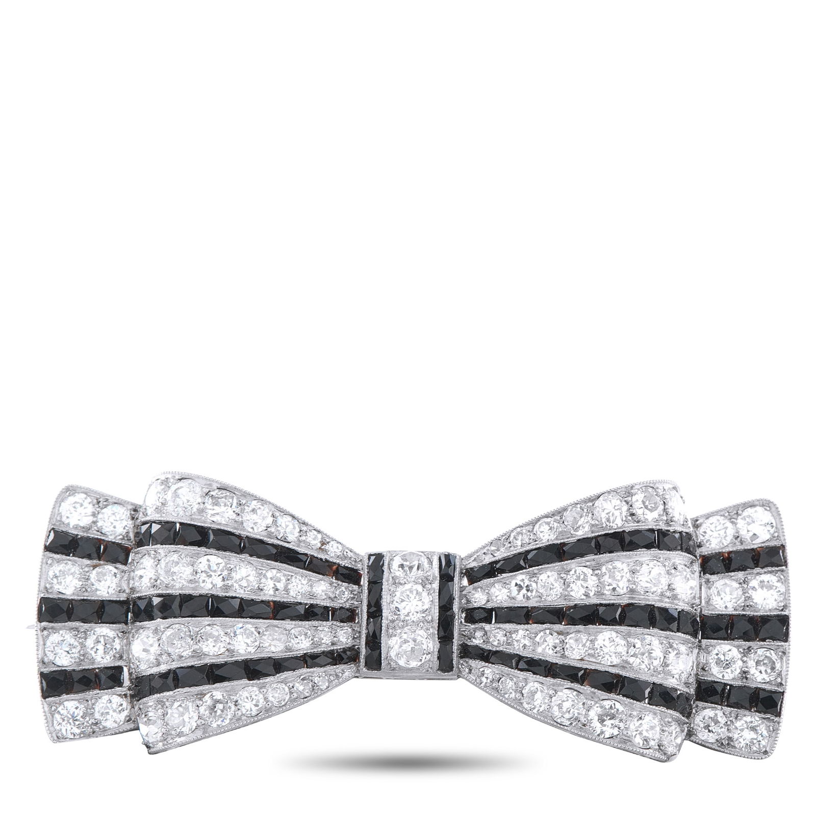 Platinum 4.0ct Diamond Art Deco Bow Brooch: A slim, structural bow brooch designed with high-contrast glamour. This Art Deco piece features alternating rows of icy round diamonds that graduate in size, paired against the velvet ink tone of