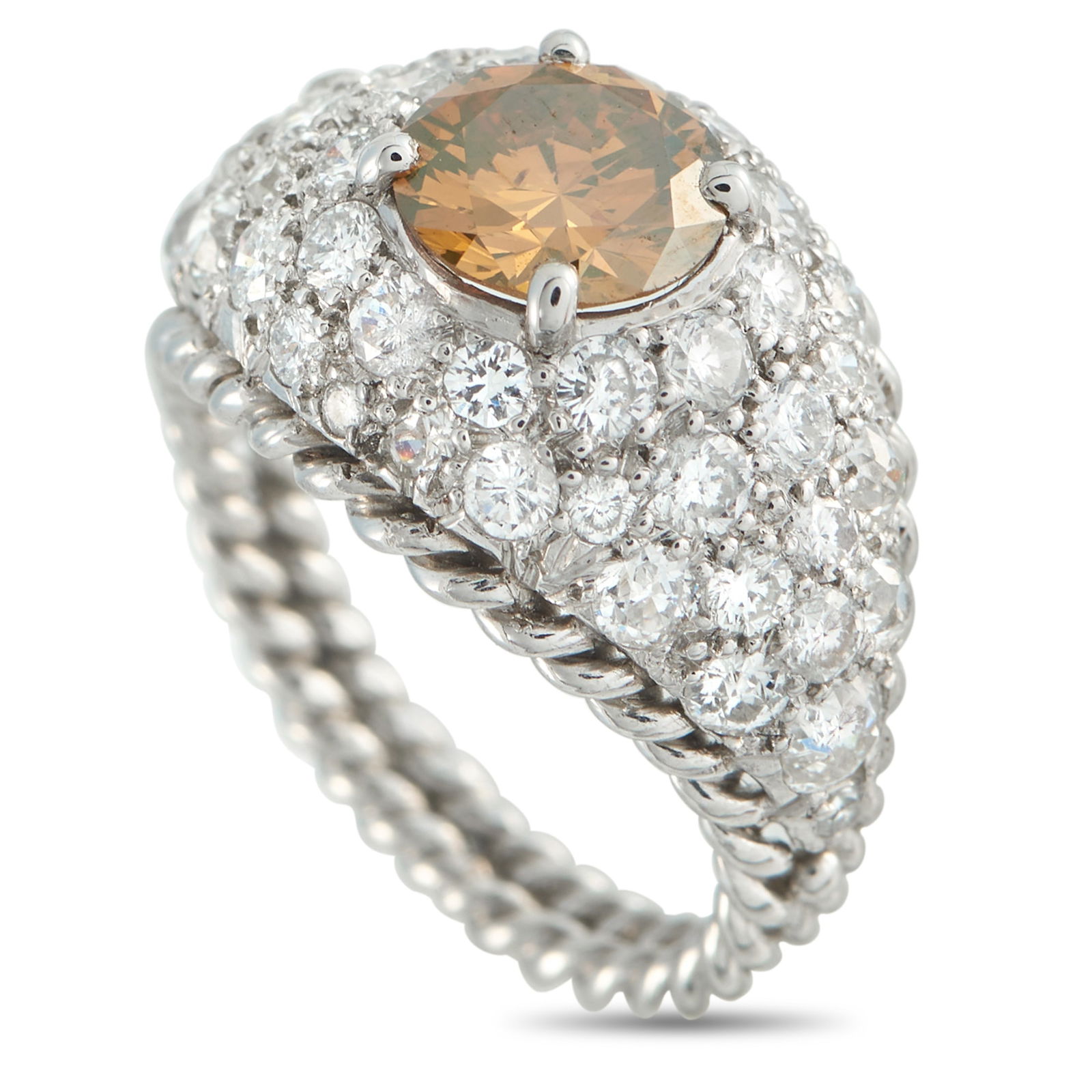 Platinum 2.27ct Diamond Ring: From the twisted band to the dazzling Diamonds at the top – this luxury ring is full of dynamic details. At the center of the domed Platinum setting, a 1.07 carat Cognac Diamond center stone adds wa