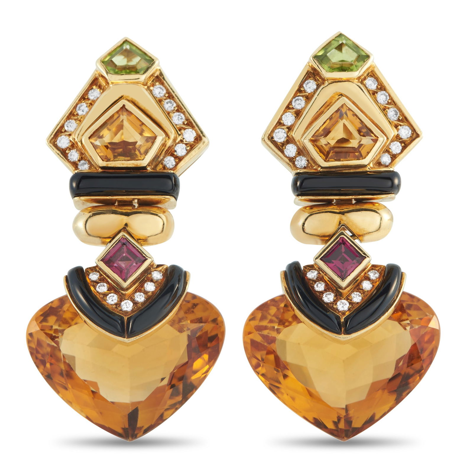 18K Yellow Gold Diamond, Citrine, Peridot, Tourmaline, and Onyx Earrings: These earrings are poised to add warmth and opulence to any ensemble. A stunning combination of Citrine, Peridot, Tourmaline, and Onyx stones provide the dramatic design with an array of elegant color