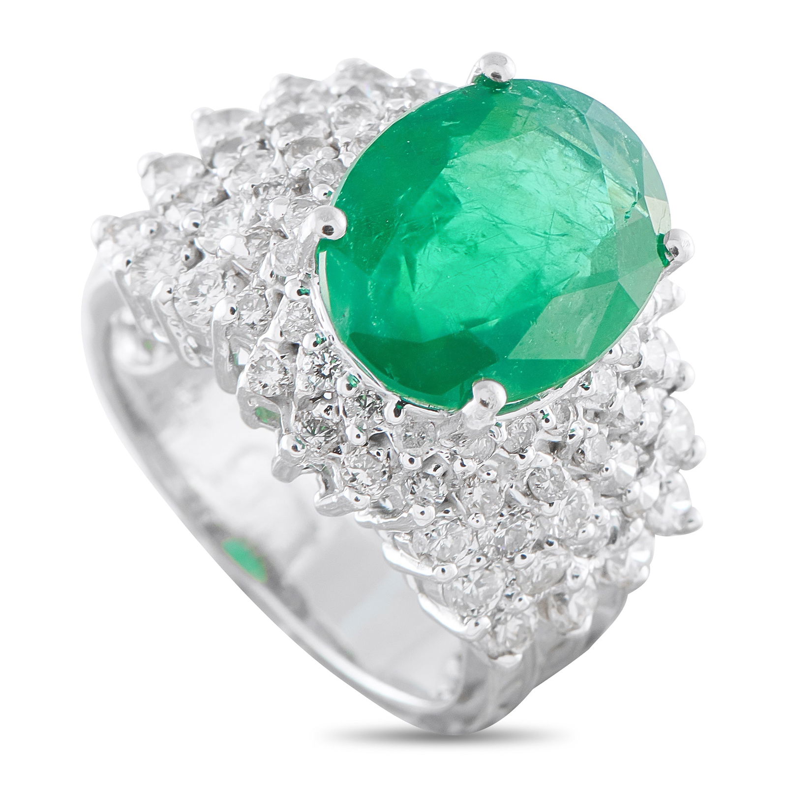 18K White Gold 1.75ct Diamond and Emerald Ring: This exquisite ring is designed to catch the light from any angle. An array of sparkling Diamonds totaling 1.75 carats make it simply unforgettable. At the center, a 5.0 carat Emerald offers a stylish
