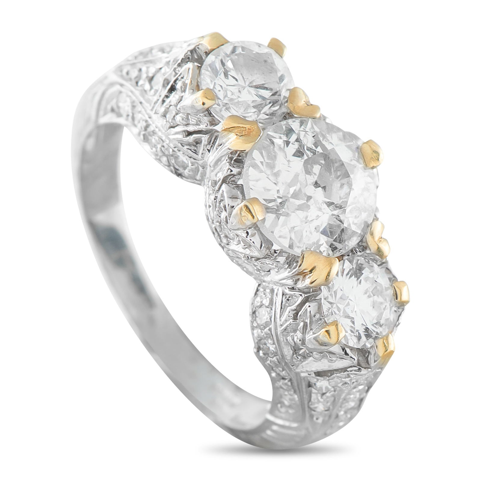 18K White Gold 2.26ct Diamond Ring: This 18K White Gold ring is filled with exquisite details. Opulent, elegant, and breathtaking from every angle, it features a 1.46 carat Diamond center stone and Diamond accents with a total weight of