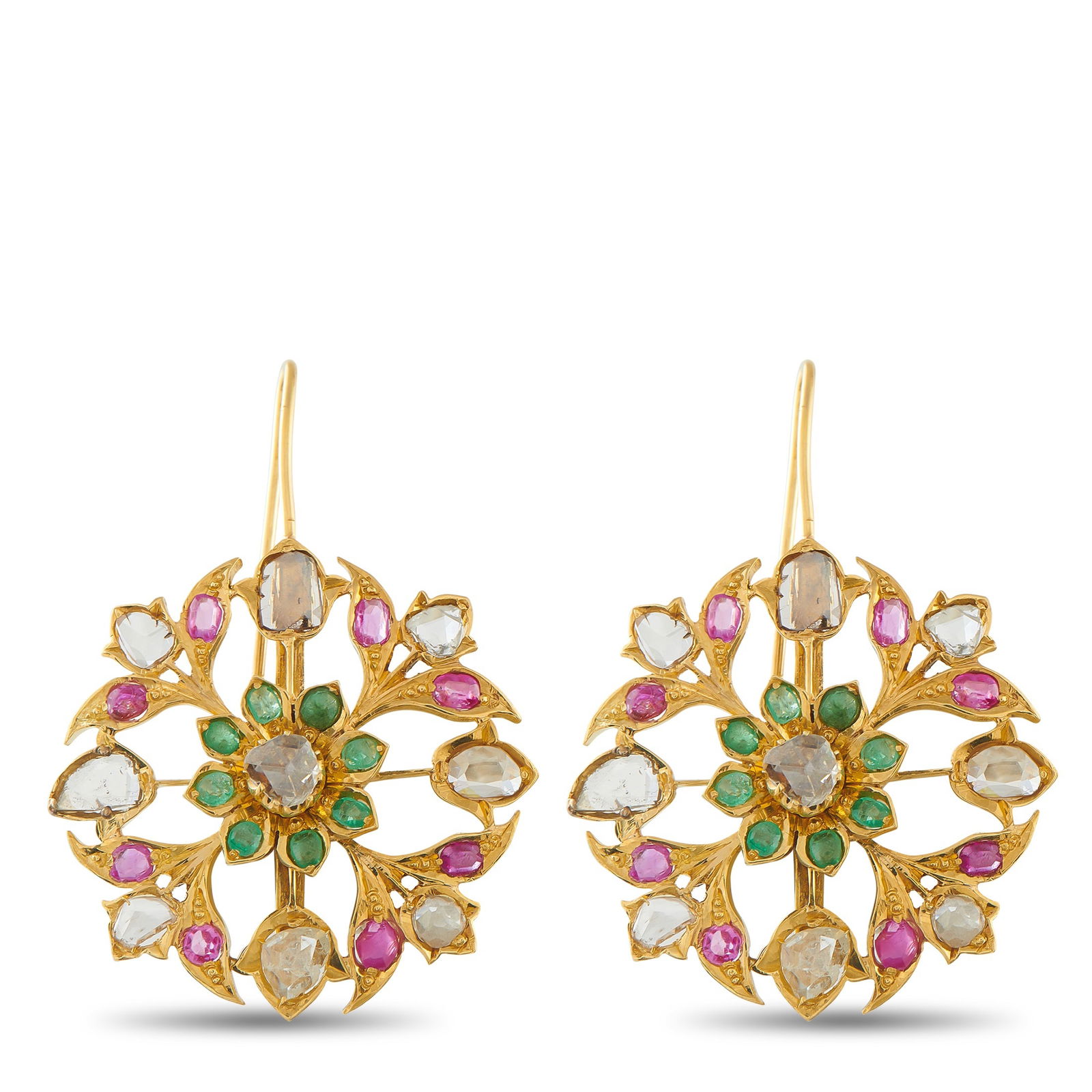 18K Yellow Gold 3.30ct Rose-Cut Diamond, Emerald and Ruby Flower Earrings: Old-world charm, translated into gold and gemstones. These 18K yellow gold earrings draw from antique influences, with a floral silhouette built from rose-cut diamonds, emeralds, and rubies. Each