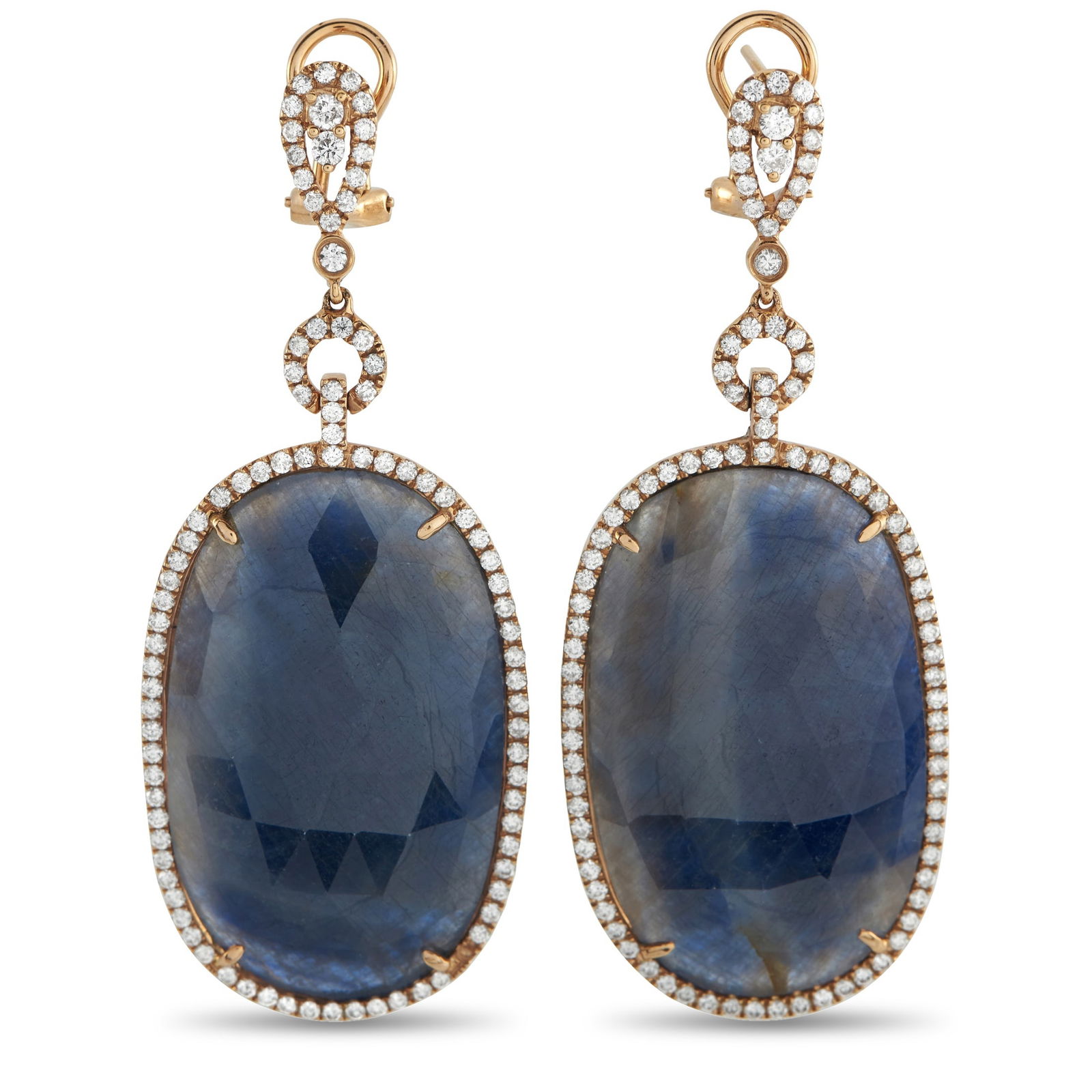 18K Rose Gold 2.15ct Diamond and Sapphire Earrings: Add sparkle and sophistication to any ensemble with these unique luxury earrings. Bold Sapphire gemstones add an exciting pop of color to the simple, elegant design. Around the perimeter of the