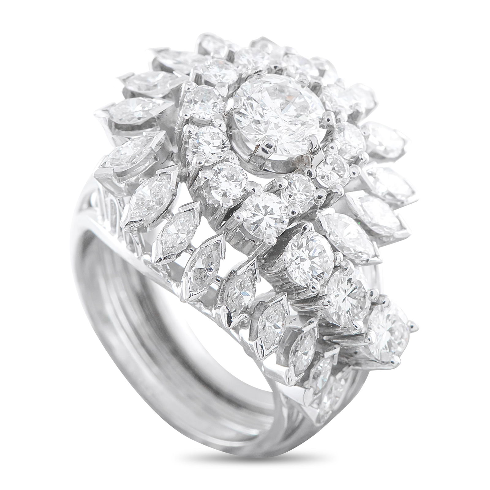 Platinum 3.60ct Diamond Ring: This ring is poised to continually take your breath away. Set in Platinum, Diamonds with a total weight of 3.60 carats sparkle every time it catches the light. It features a 6mm wide band and an 11mm