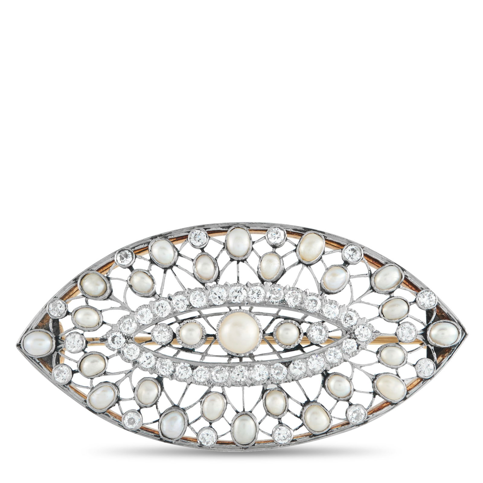 Platinum, Silver 1.30ct Diamond and Pearl Brooch: An exquisite, openwork design gives this luxury brooch a lighter-than-air quality. Natural Pearl accents elevate the Platinum and Silver setting, while sparkling Diamonds totaling 1.30 carats allow