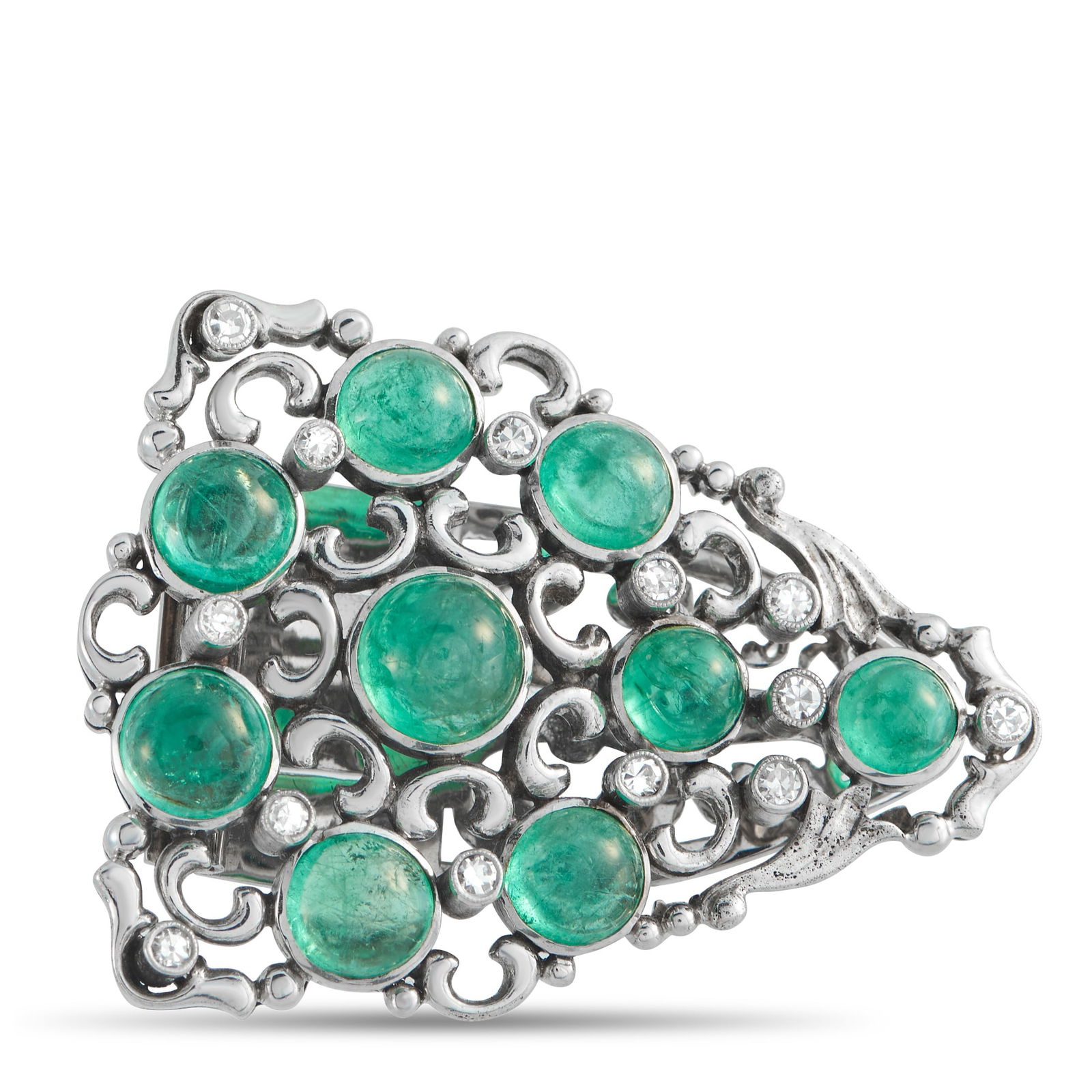 18K White Gold 0.25ct Diamond and Colombian Emerald Brooch: Colombian Emerald cabochons with a total weight of 8.0 carats make this luxury brooch come alive with color. Intricate metalwork beautifully showcases this piece’s dazzling Diamond accents, which