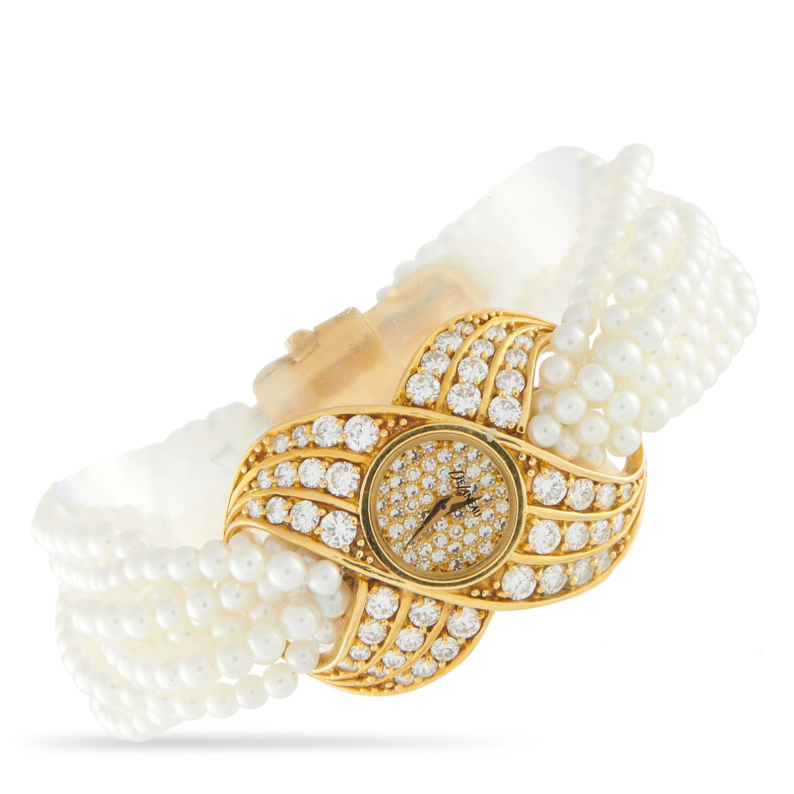 DeLaneau18K Yellow Gold Diamond Pearl Watch Bracelet: This piece exemplifies DeLaneau’s reputation as the jeweler of watches. It centers on a dynamic crossover gold motif, where three curving rows of diamonds sweep across the wrist in a brilliant