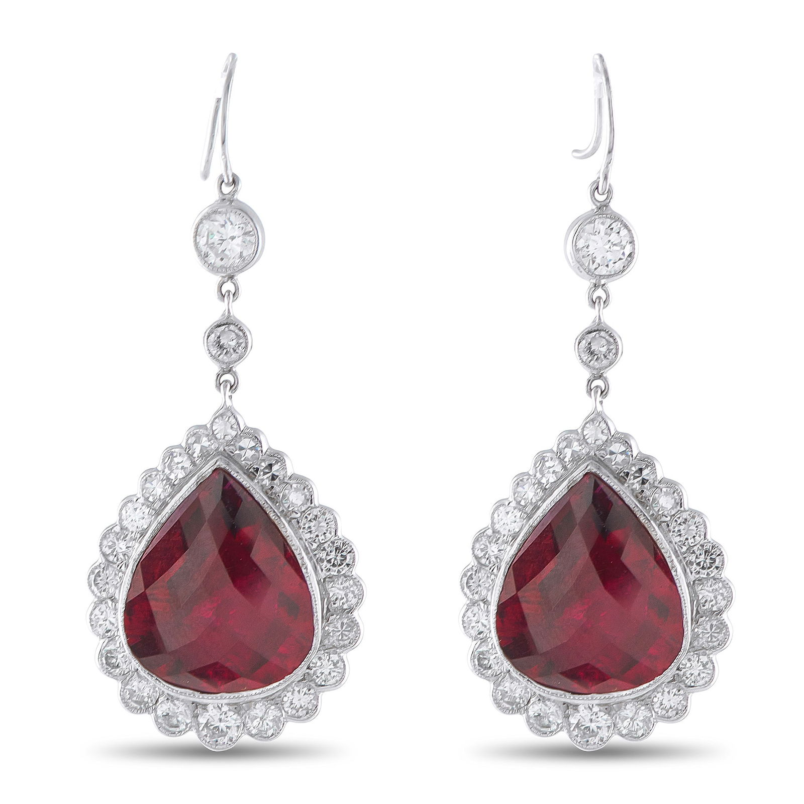 18K White Gold 2.50ct Diamond and Rubellite Earrings: These luxury earrings are simply exquisite. Stylish enough for even your most special occasions, the 18K White Gold settings include Rubellite gemstones with a total weight of 10.40 carats surrounded