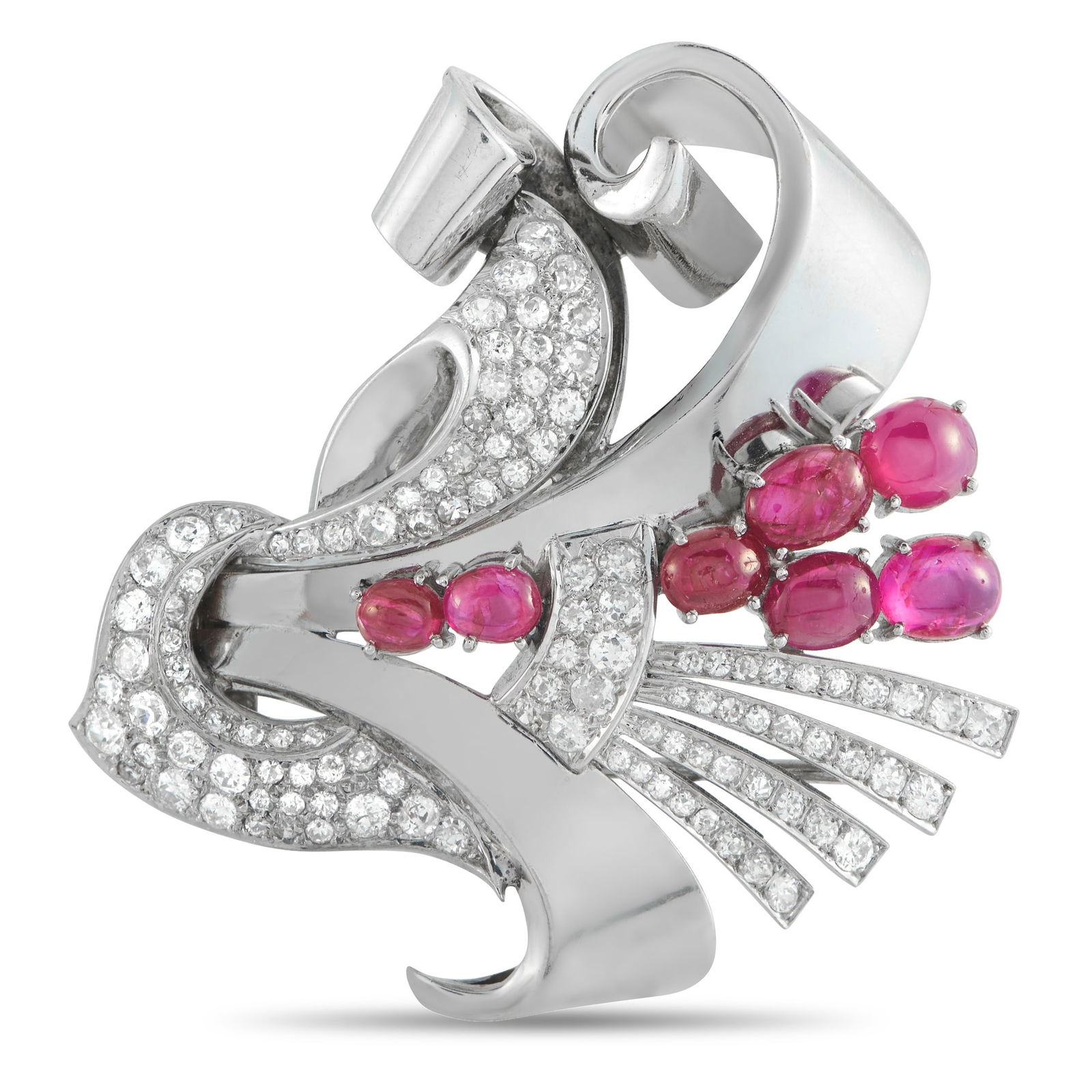 Platinum 2.10ct Diamond and Ruby Retro Brooch: Designed like a stylized bouquet or floral spray, this platinum brooch features large, sweeping curves of platinum that wind around a cluster of vibrant ruby cabochon buds. The contrast between the