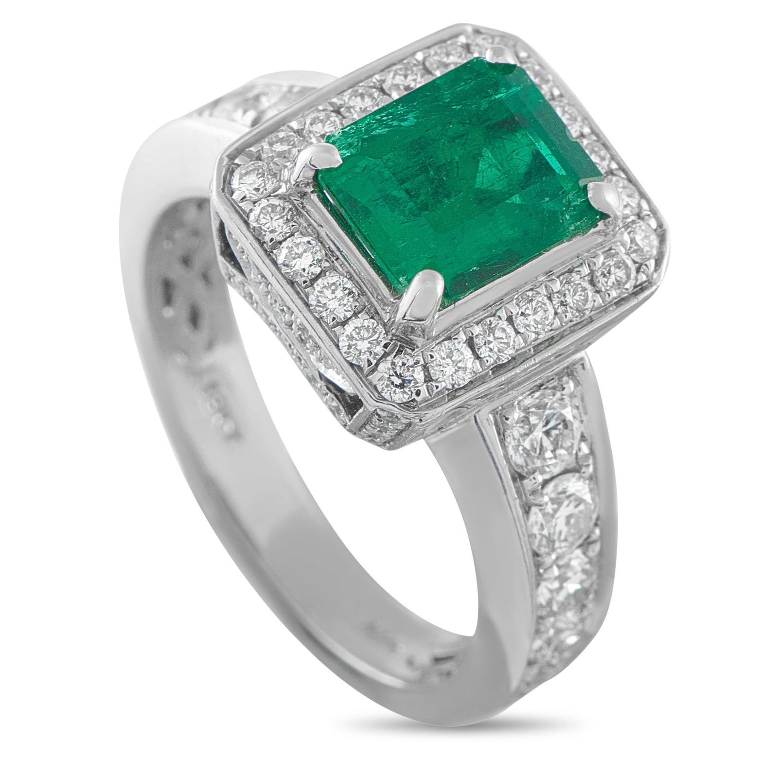 18K White Gold 1.56ct Diamond and Colombian Emerald Ring: This dazzling ring looks elegant from every angle. Diamonds with a total weight of 1.56 carats allow it to effortlessly catch the light – But it’s the 2.42 carat Colombian Emerald center stone