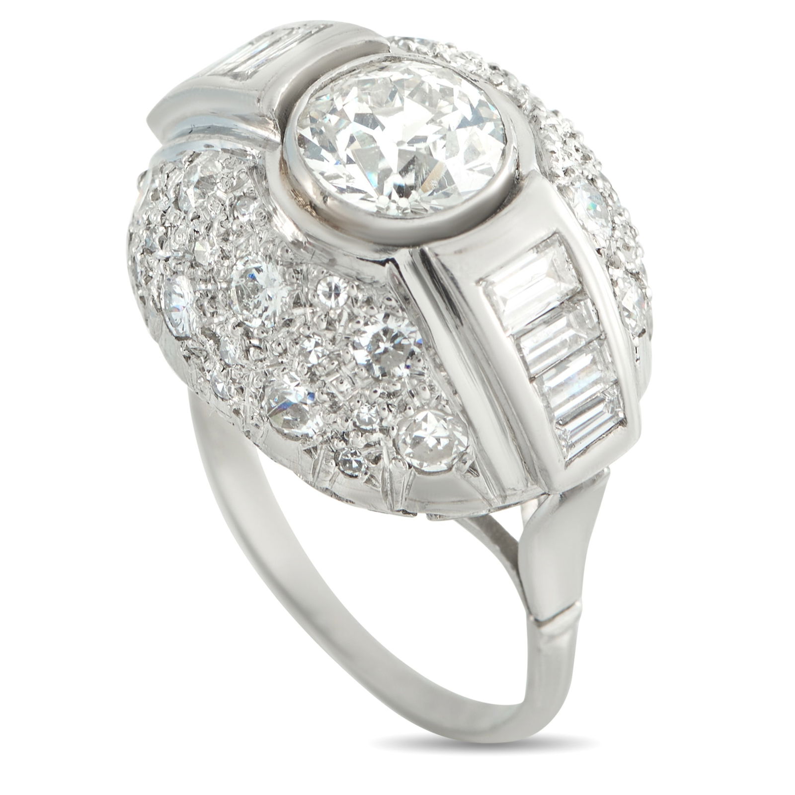 Platinum 2.75ct Diamond Ring: This luxury ring is captivating from every angle. Filled with exquisite details, a domed Platinum setting beautifully showcases the 1.45 carat Diamond center stone. Additional Diamonds with a total