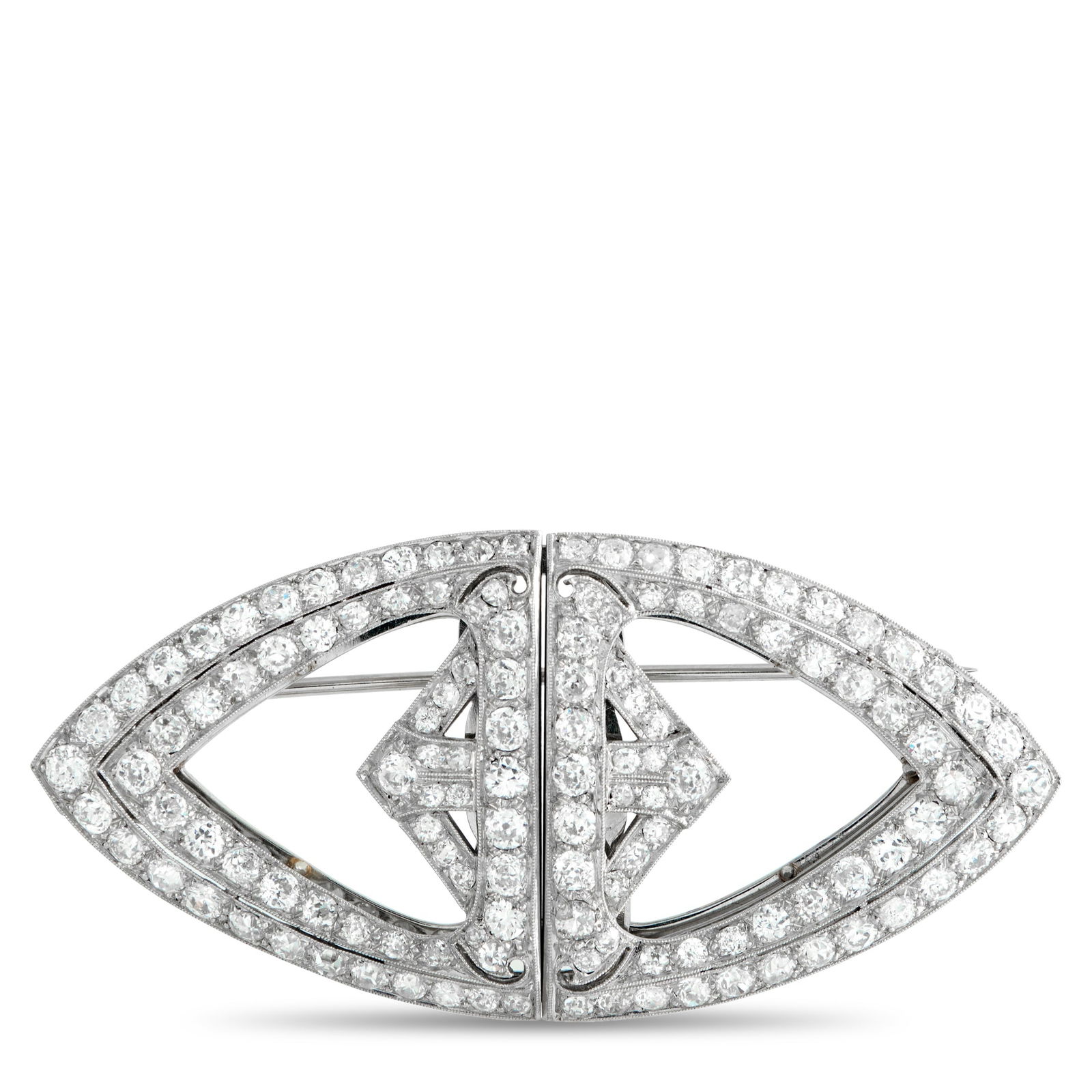 Platinum 4.50 ct Diamond Brooch: This platinum eye brooch is a stunning portal of pure light. It features a sharp, marquise silhouette in polished platinum, framed by a double layer of pavé diamonds. The symmetrical center creates