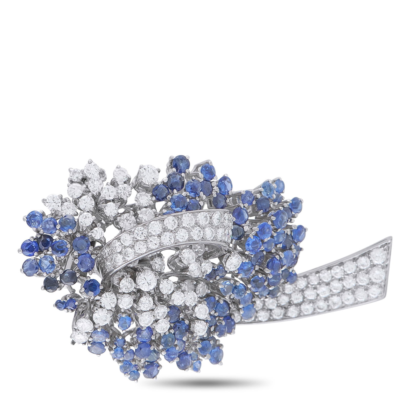 Platinum 2.75ct Diamond and Sapphire Brooch: Echoing late Georgian into early Victorian sensibilities, this brooch is constructed with an à jour setting, allowing light to pass through the open-backed stones. A platinum base supports rows of