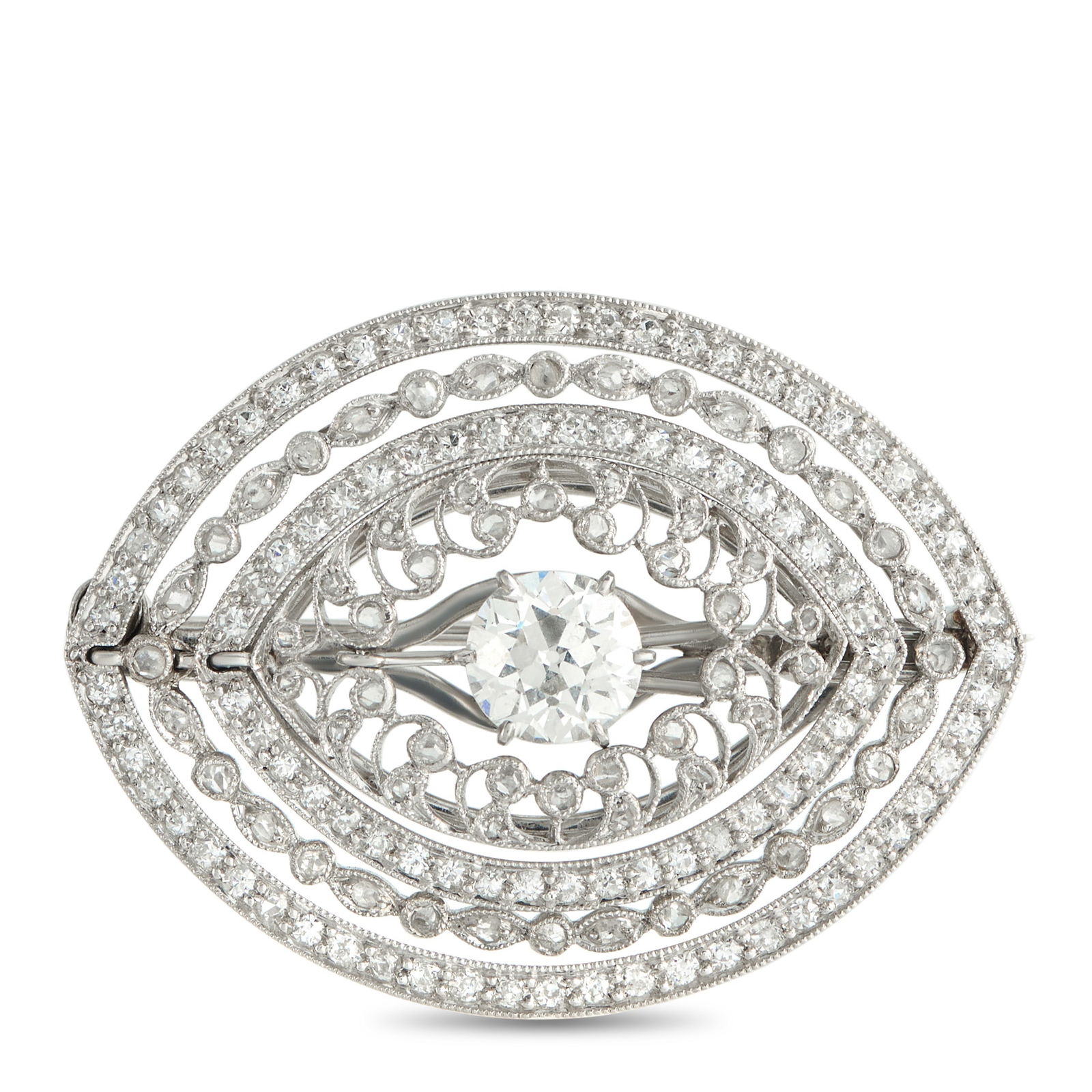 Platinum, 18K White Gold 2.0ct Diamond Brooch: An intricate setting makes this luxury brooch a breathtaking addition to any ensemble. Bold and incredibly impressive, it includes a 1.0 carat Diamond center stone and additional Diamond accents