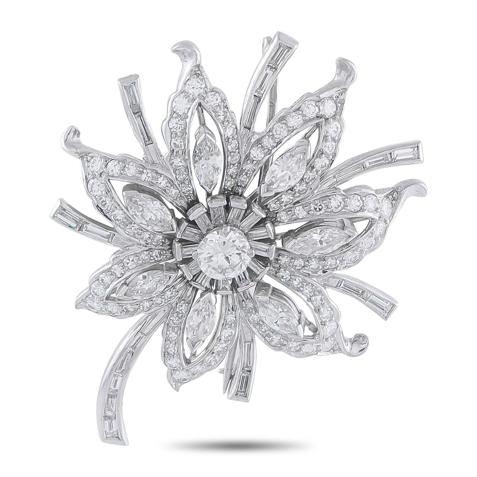 Platinum 5.20ct Diamond Brooch: This luxury brooch is designed to effortlessly catch the light. Set in Platinum, the fabulous floral design comes to life thanks to sparkling Diamonds with a total weight of 5.20 carats. It measures