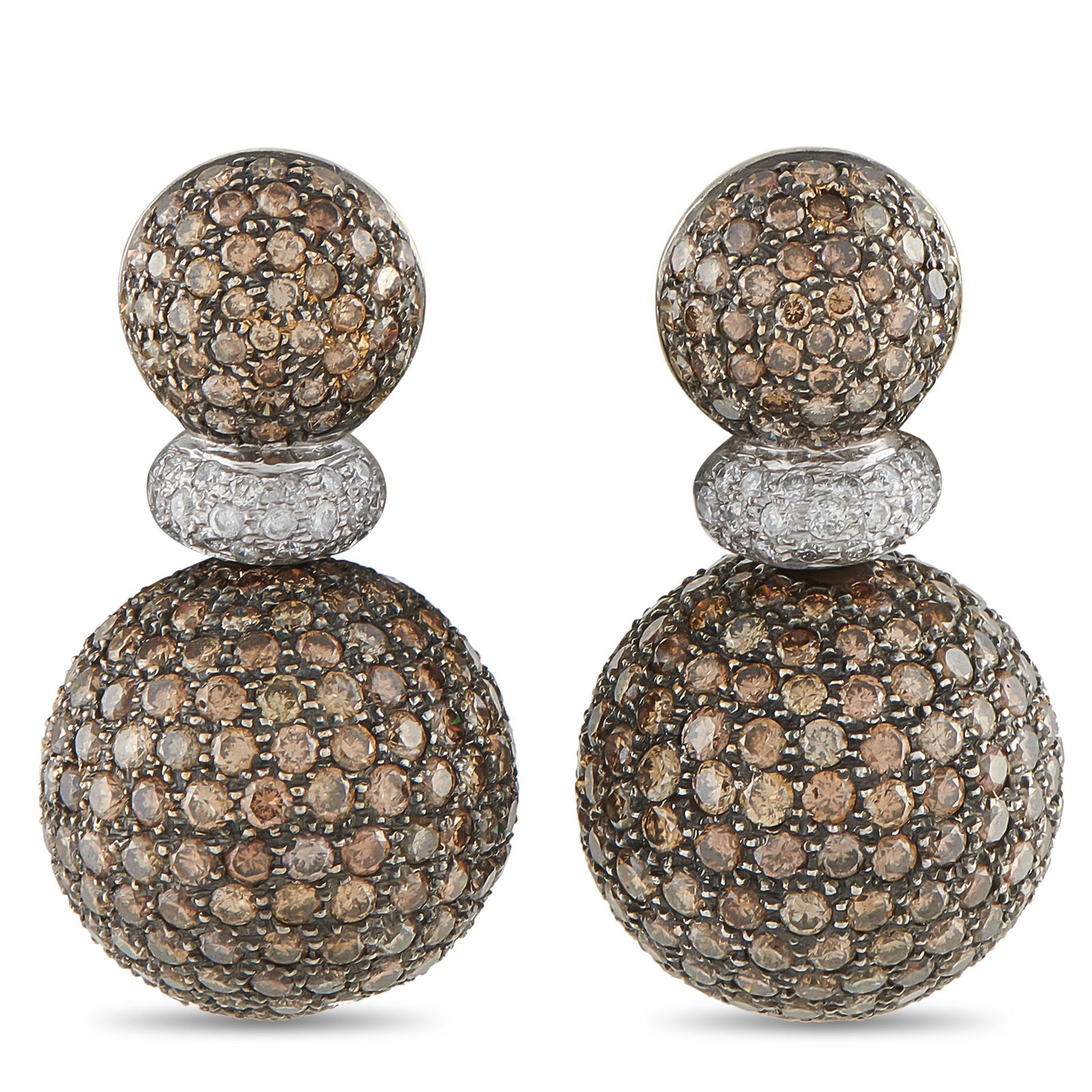 18K White Gold 17.10ct Diamond Earrings: These earrings are chic and incredibly contemporary. Colored and White Diamonds with a total weight of 17.10 carats come together to create an instantly captivating two-toned design. Crafted from 18K