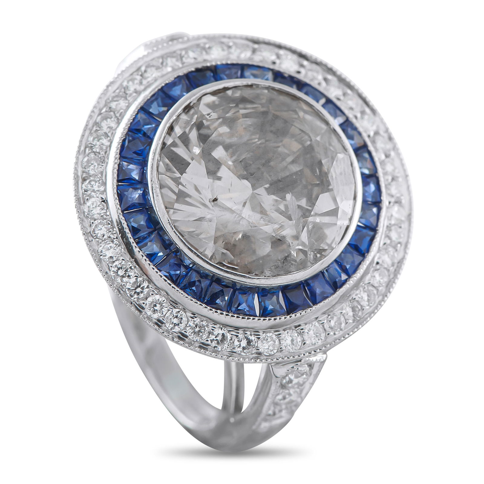 Platinum 6.17ct Diamond and Sapphire Ring: A stunning combination of colors and textures makes this ring unlike anything you’ve seen before. At the center, a brown 5.82 carat Diamond with I1 clarity offers contemporary sophistication. It’s