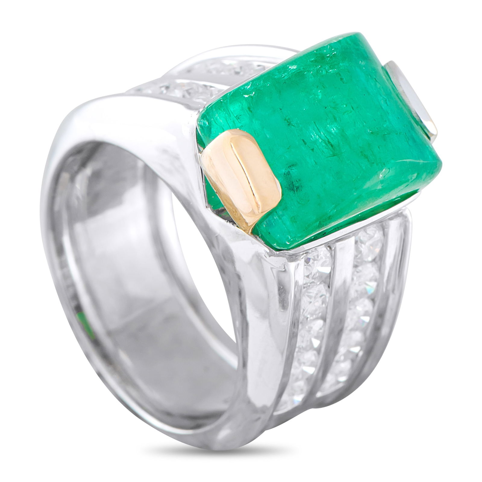 18K White Gold 1.60ct Diamond and Emerald Ring: A vibrant 6.50 carat Emerald makes a statement at the center of this luxury ring. Bold and instantly eye-catching, Diamonds with a total weight of 1.60 carats further elevates the design. Set in 18K W