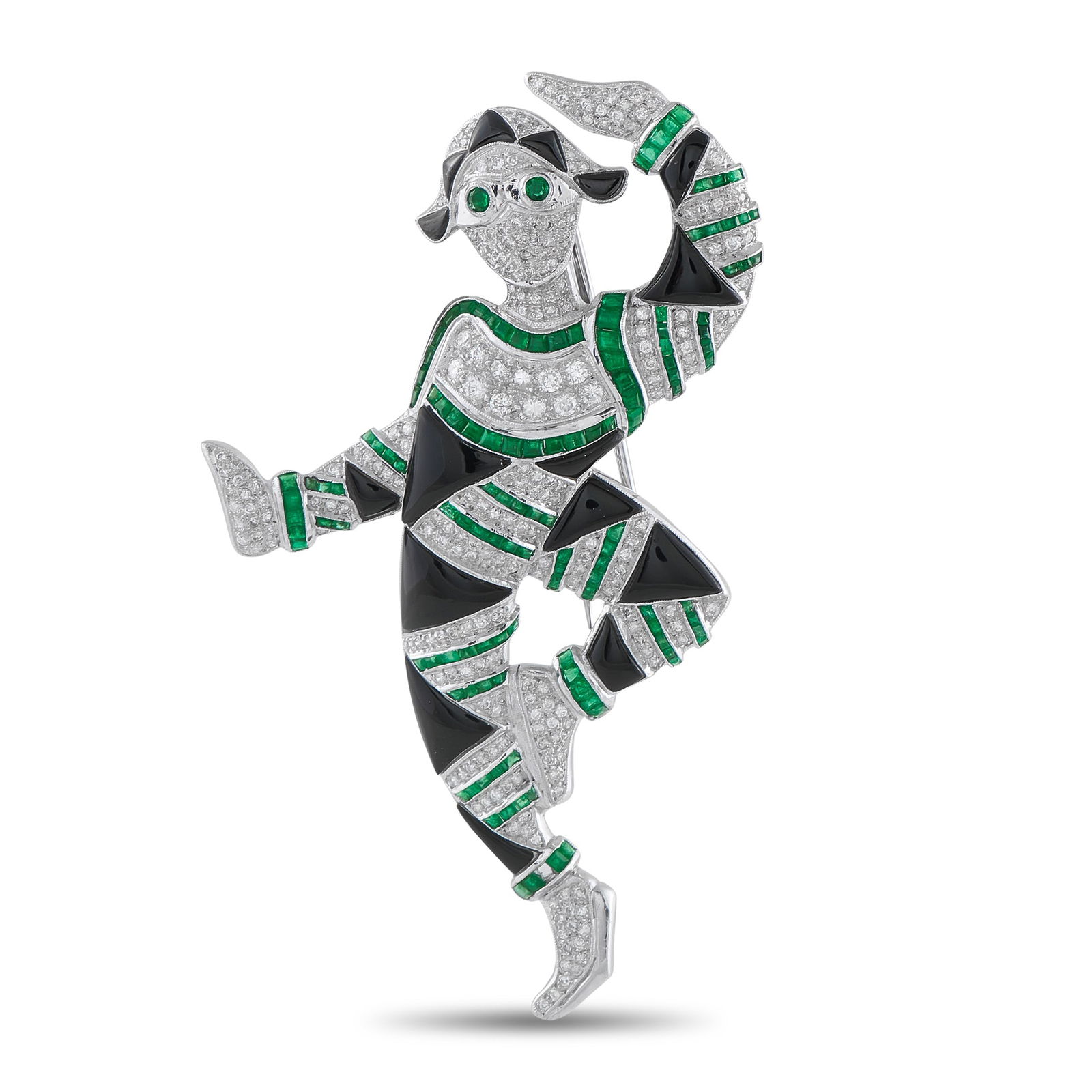 Platinum 3.50ct Diamond, Emerald, and Onyx Art Deco Harlequin Brooch: Like many pieces from the Art Deco era, this Harlequin brooch features contrasting colors, geometric shapes, and artistic flair. The dynamic design comes to life thanks to Onyx accents and Emeralds to