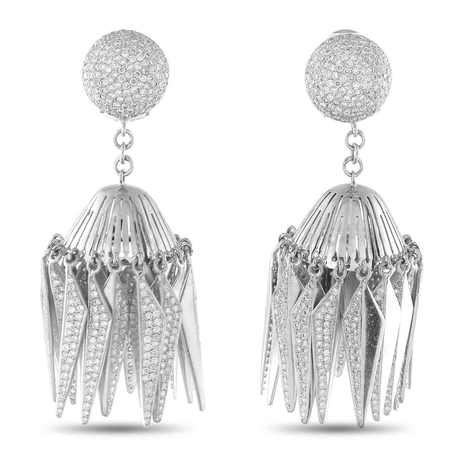 Neil LanePlatinum 5.42ct Diamond Earrings: An elegant, artistic design makes these Neil Lane earrings simply spectacular. Chic and contemporary, Diamonds with a total weight of 5.42 carats accent the circular motif at the base of the design