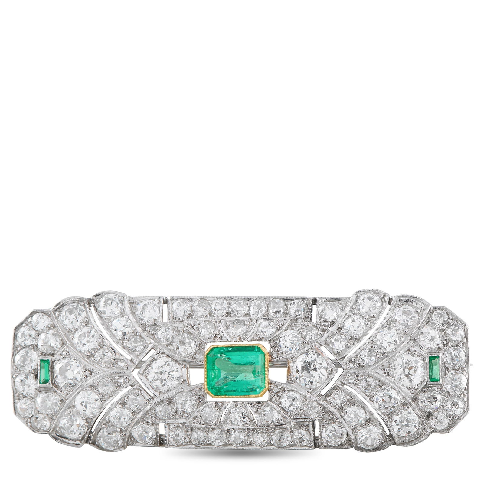 Platinum 5.30ct Diamond and Emerald Art Deco Brooch (1 of 3)