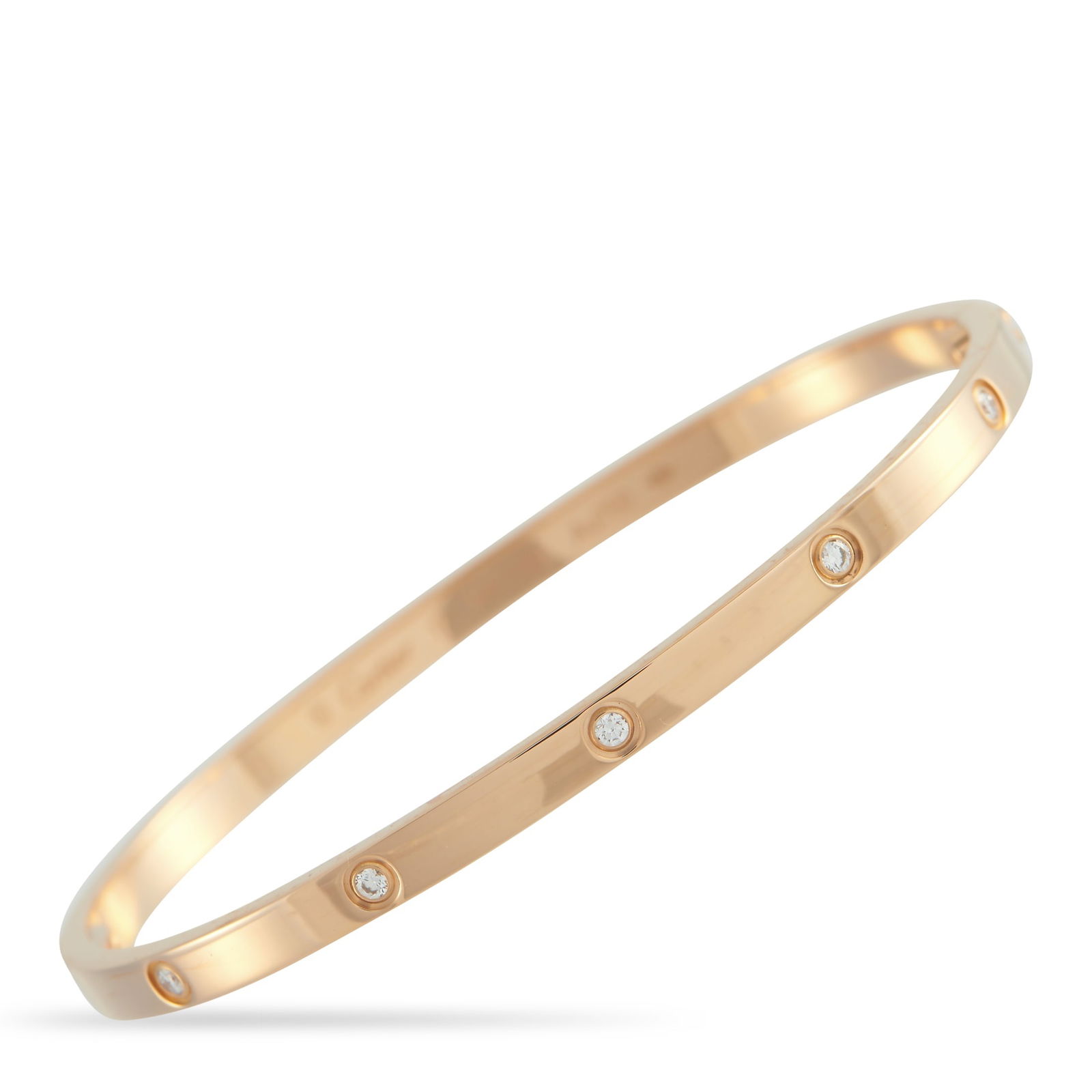 Cartier LOVE 18K Rose Gold 10 Diamond Bracelet: This Cartier LOVE bracelet is an instantly recognizable luxury piece. A series of 10 sparkling inset Diamonds add an additional touch of elegance to the minimalist design. Set in 18K Rose Gold, this