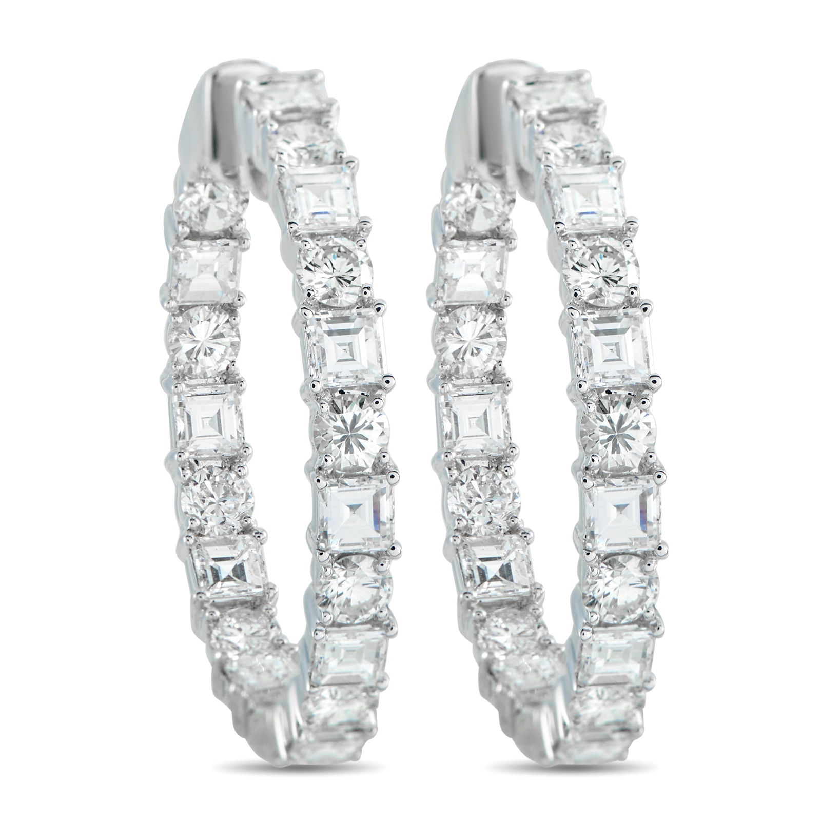 18K White Gold 6.75ct Diamond Inside-Out Hoop Earrings: Clean and direct, these white gold hoops are set with alternating round brilliant and carré-cut diamonds along the outer front edge and inner front curve. The pattern keeps the stones in view from